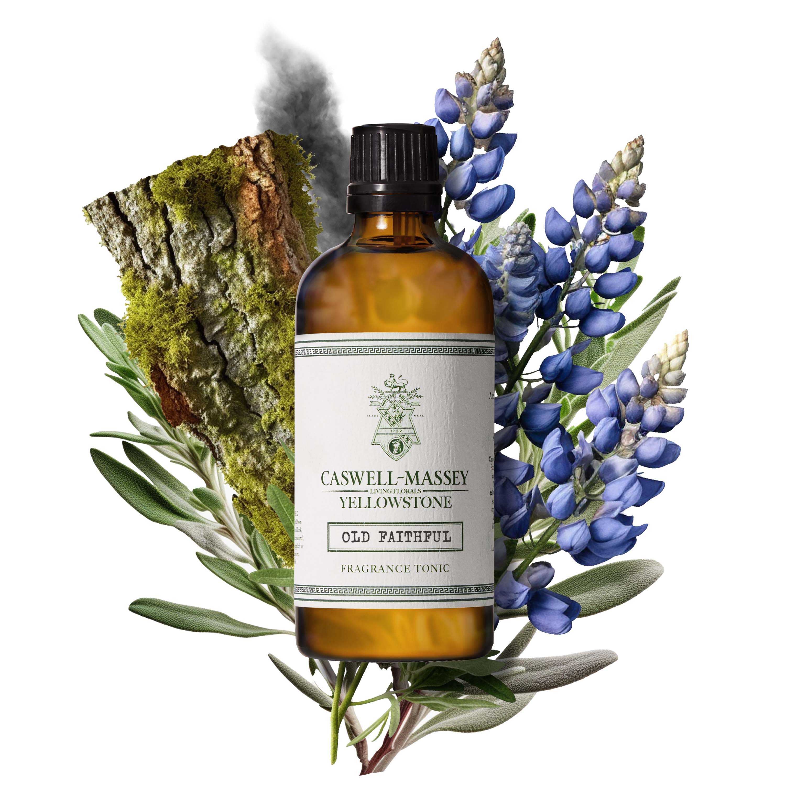 Old Faithful Fragrance Tonic bottle shown over scent notes including sage brush, larkspur, and pine smoke 