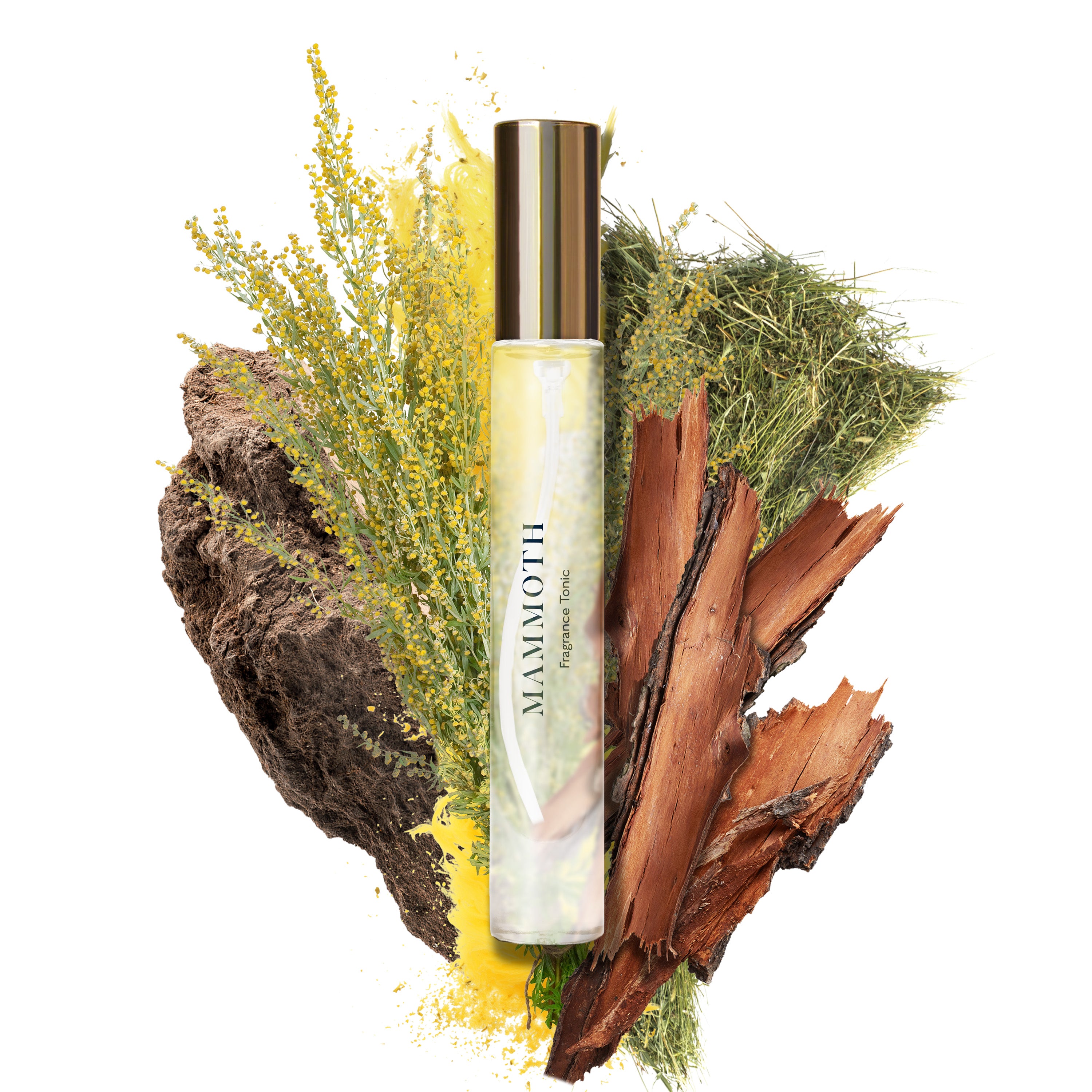 Caswell-Massey Yellowstone Mammoth Fragrance tonic bottle featured over scent notes found in the fragrance including mountain hay, and rich earth