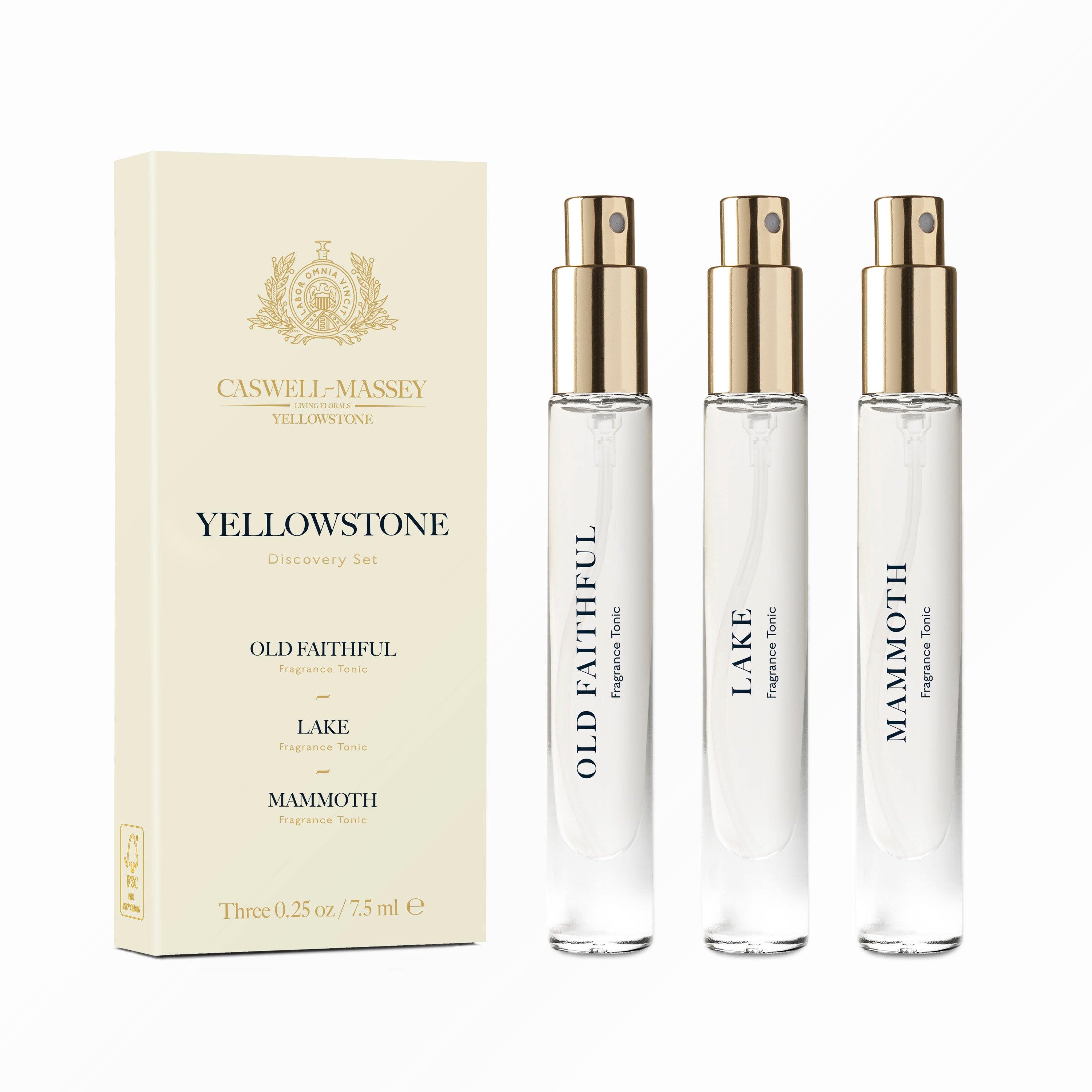 Caswell-Massey Yellowstone Fragrance Tonic Discovery Set: three 7.5ml fragrance vials with spray caps of Lake, Mammoth, and Old Faithful Fragrances for men and women
