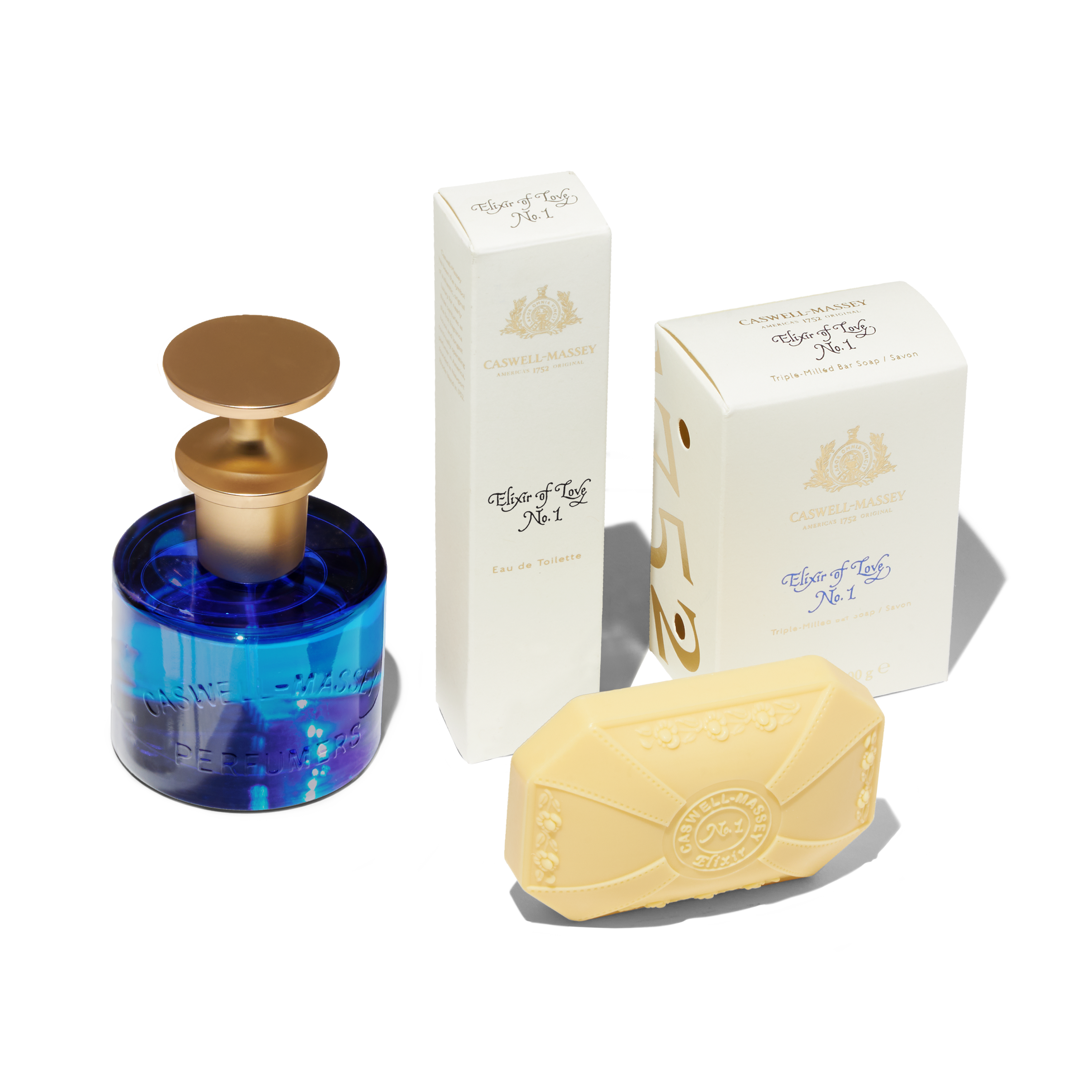 Elixir of Love Eau de Toilette for Women: showing full-size 60ml, travel-size 7.5ml, and Elixir of Love Bar Soap