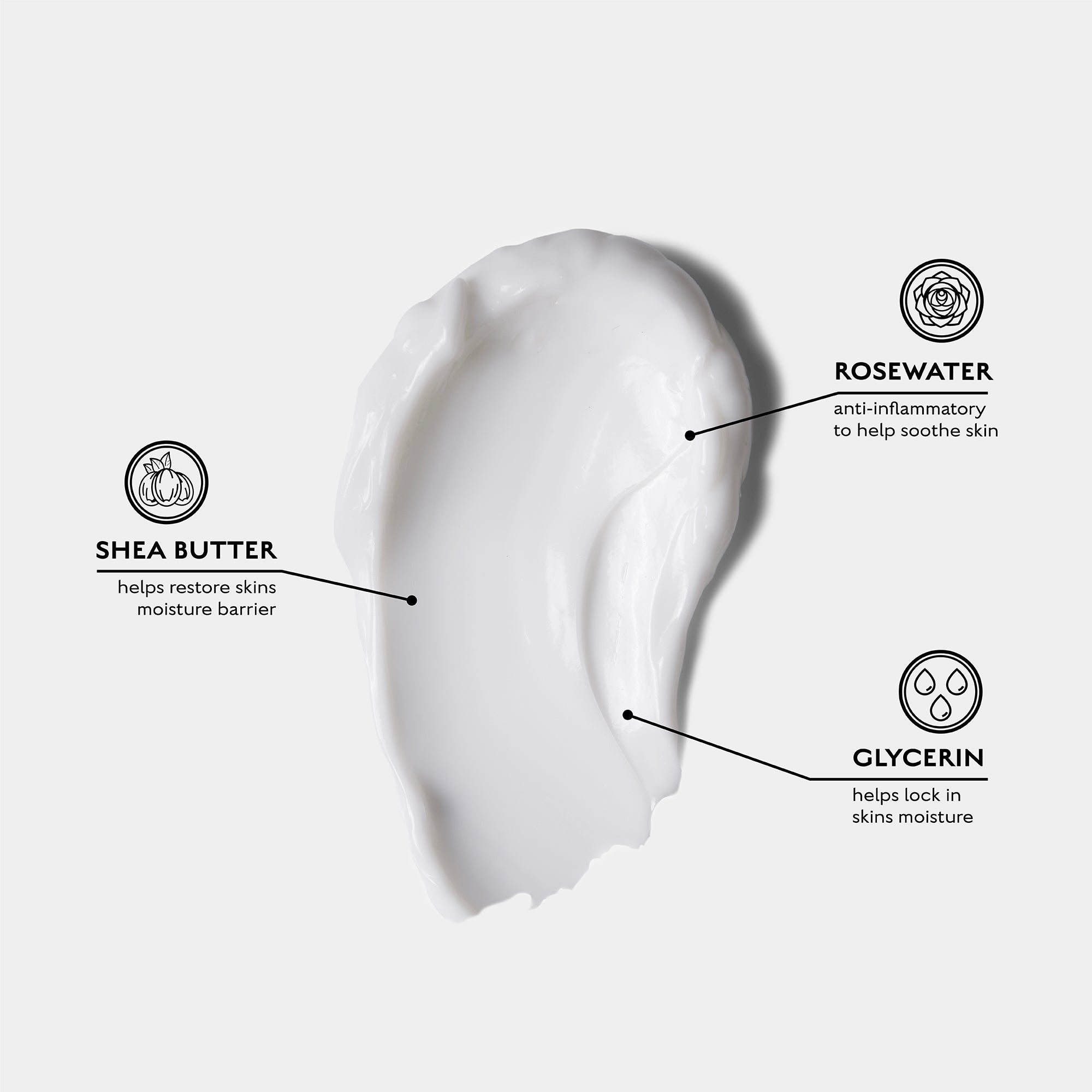 Caswell-Massey Rosewater Hand Cream, showing swab of lotion indicating that rosewater, shea butter, and glycerin are key ingredients