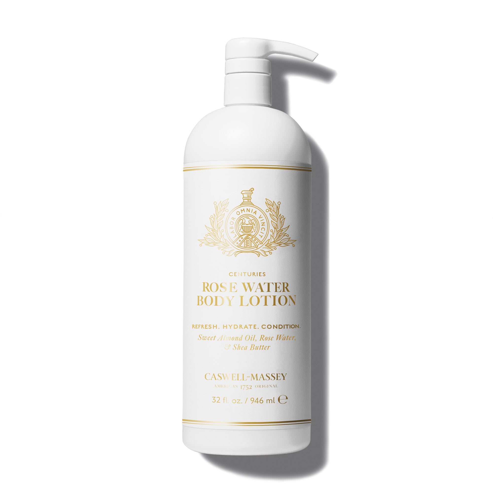 Caswell-Massey Rose Water Body Lotion 32 oz pump bottle in white with gold lettering