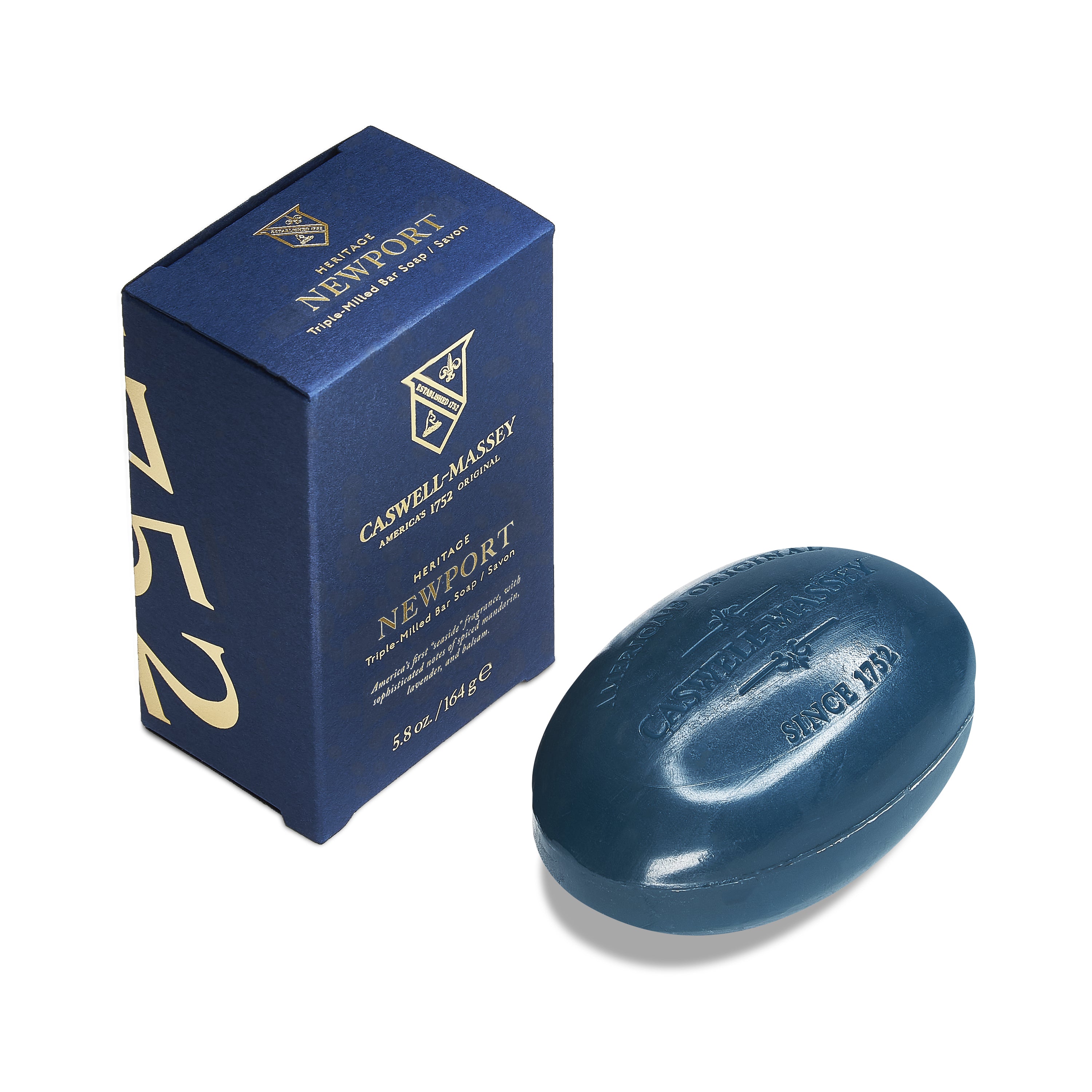Caswell-Massey® Heritage Newport Bar Soap shown next to navy blue box