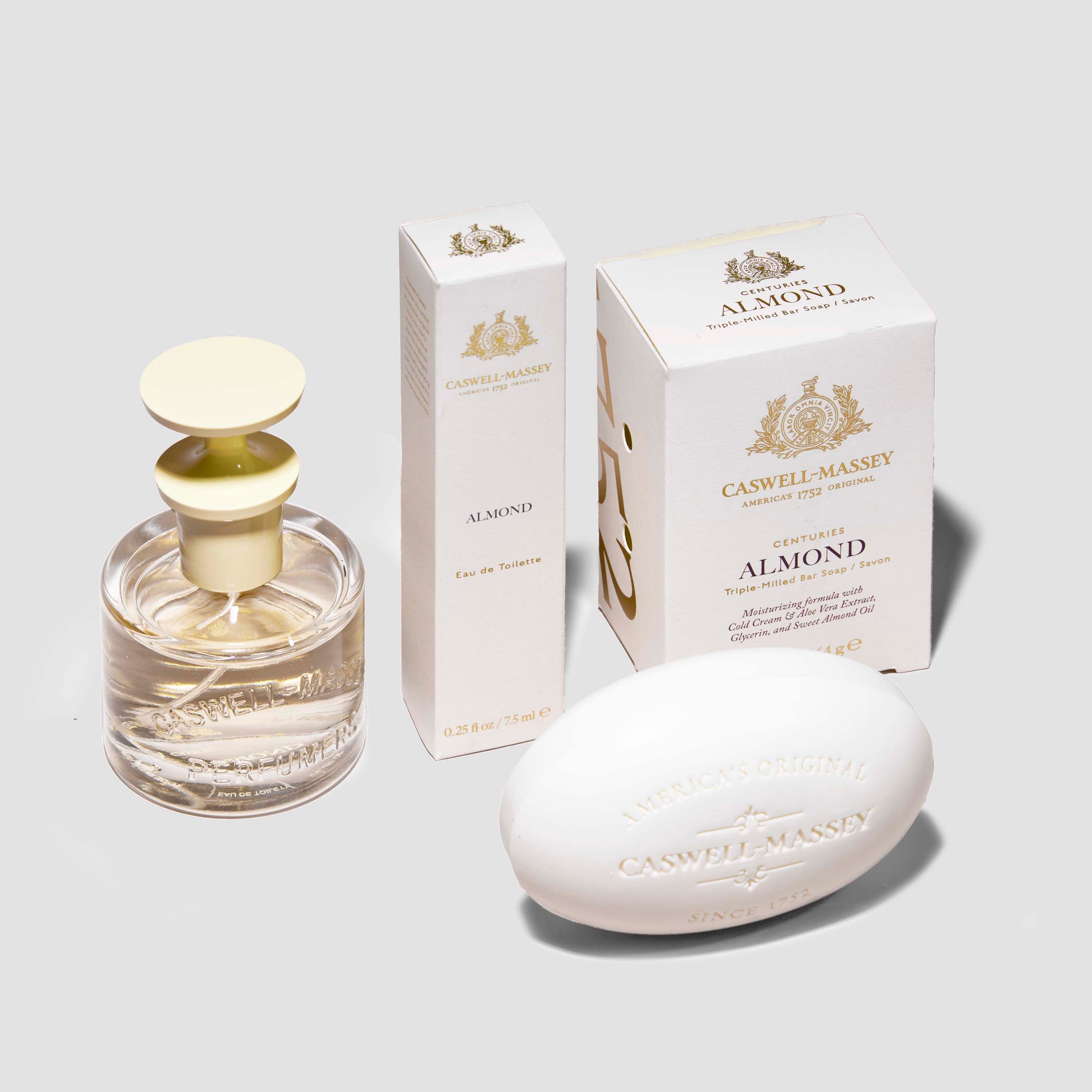 Caswell-Massey Almond Collection: Almond Eau de Toilette (60ml), Almond Eau de Toilette (7.5ml), and Almond Bar Soap