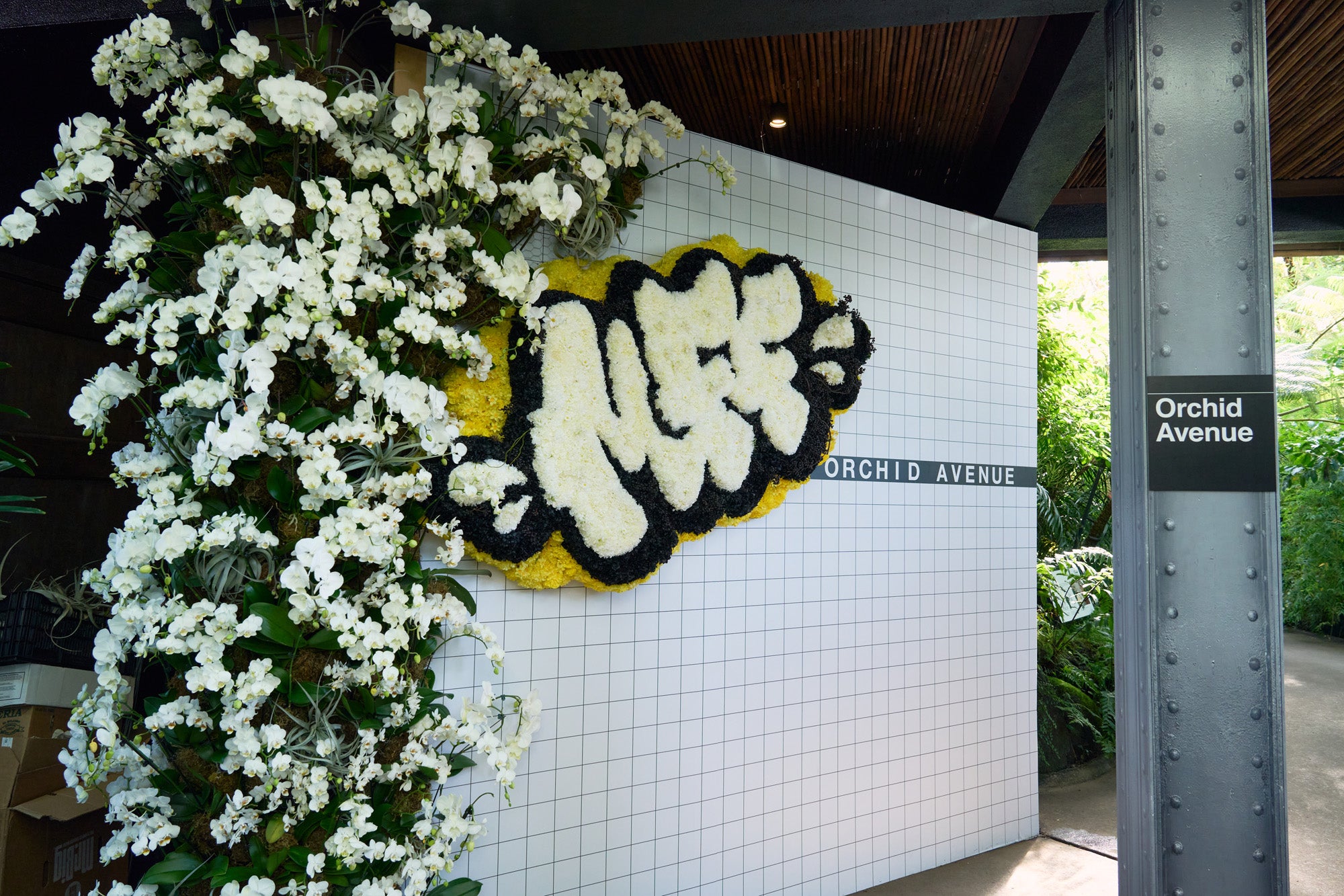 Mr Flower Fantastic's Orchid Show: Replica of NYC Subway Stop "ORCHID AVENUE" covered with orchids