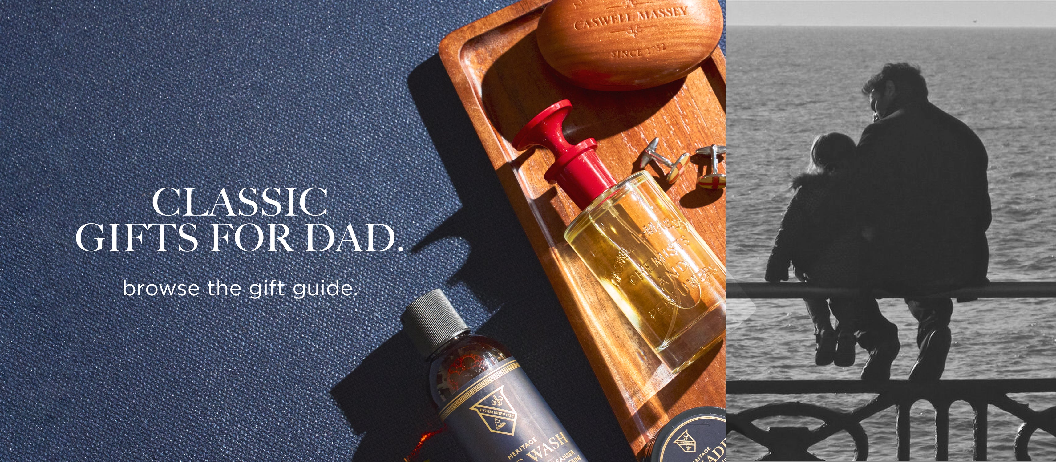 Caswell-Massey Father's Day Gift Guide: Classic Gifts for Dad. Image shows Caswell-Massey men's products, including Number Six Eau de Parfum and Pomade, and Woodgrain Sandalwood Bar Soap, next to image of a Dad hugging his child.