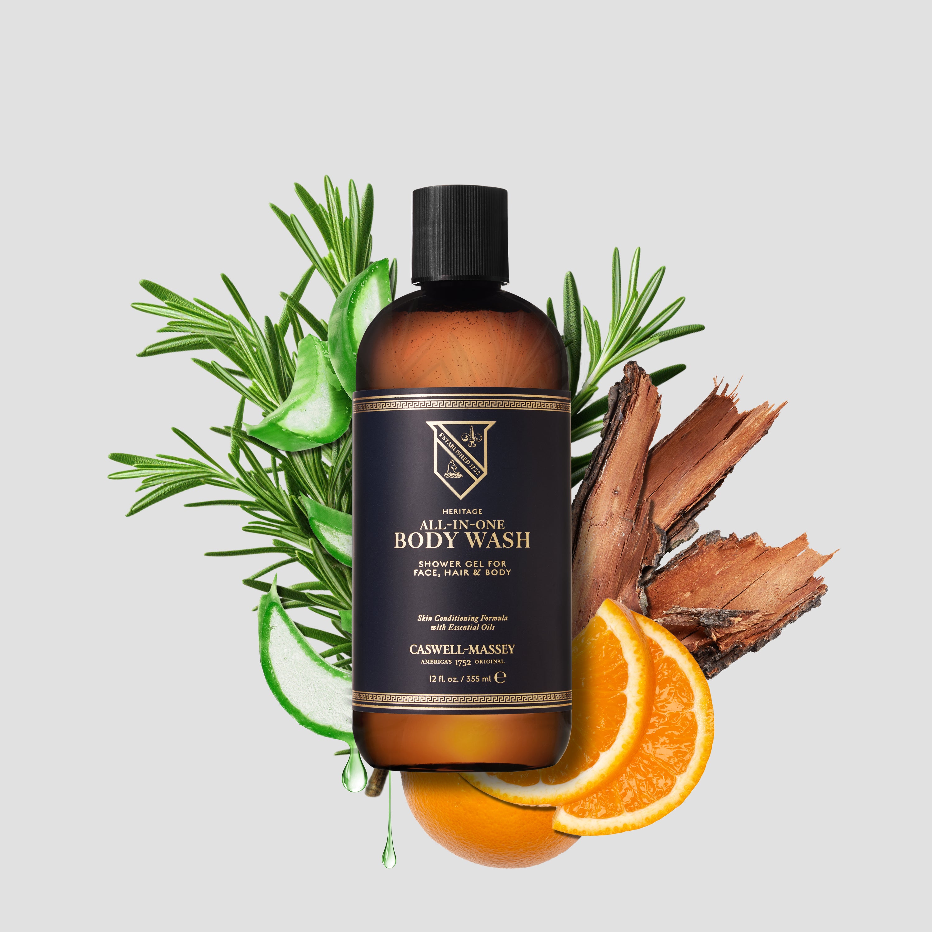Caswell-Massey Heritage All-in-One Body Wash, showing 12oz bottle with with flip cap