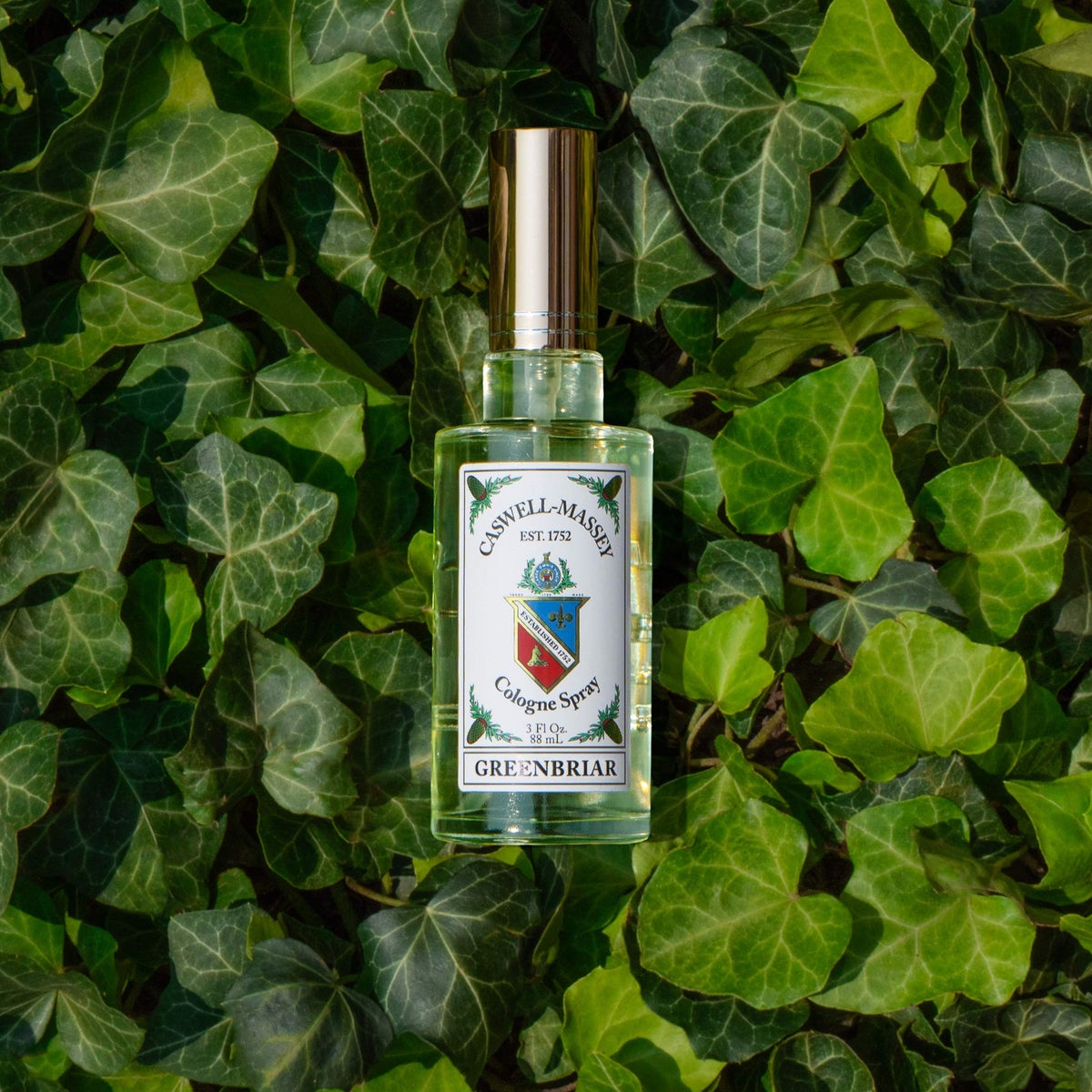 Caswell-Massey Greenbriar Cologne shown in bed of ivy