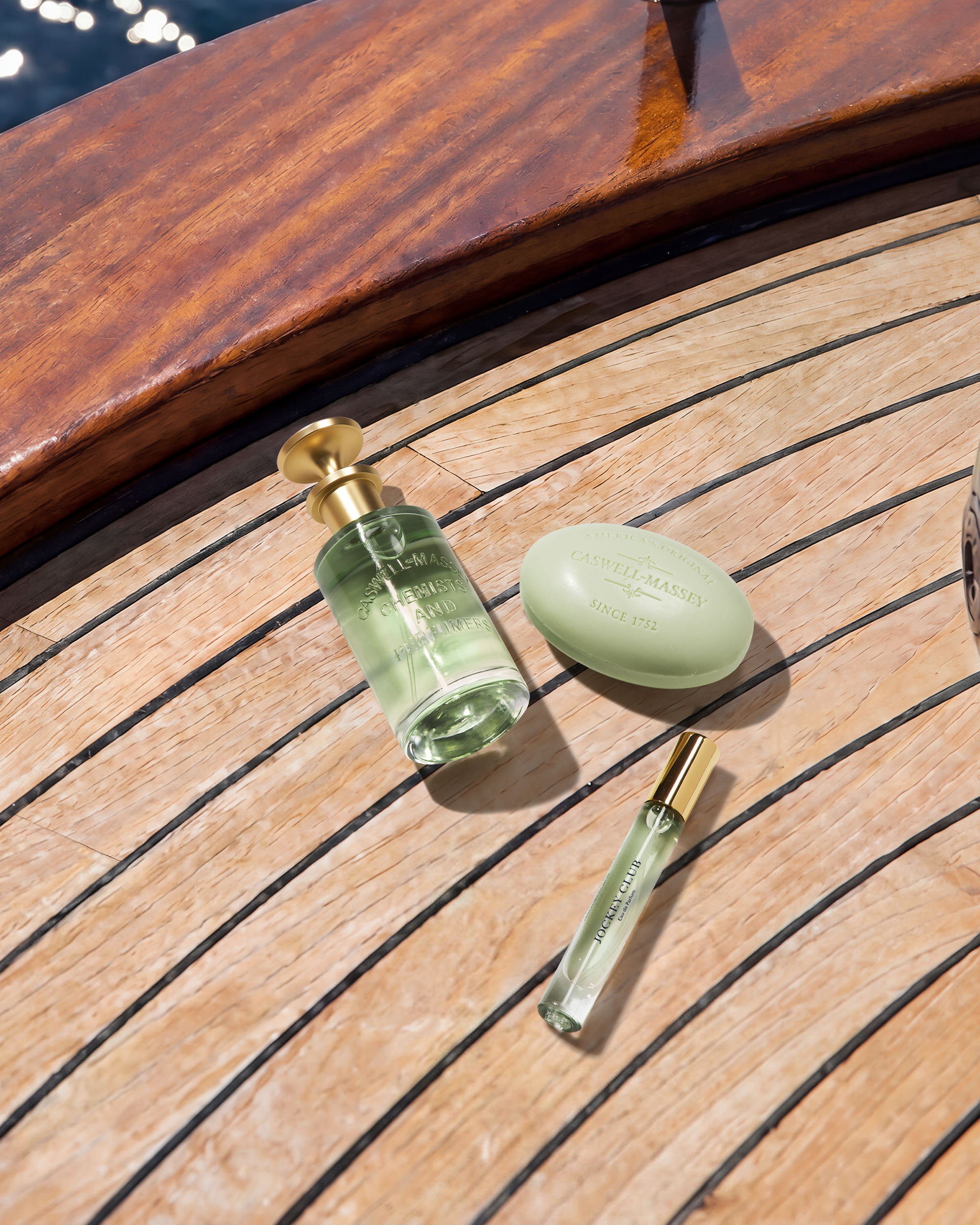 Caswell-Massey Jockey Club Collection: Jockey Club Eau de Parfum 100ml, Jockey Club Eau de Parfum 7.5ml, and Jockey Club Bar Soap.