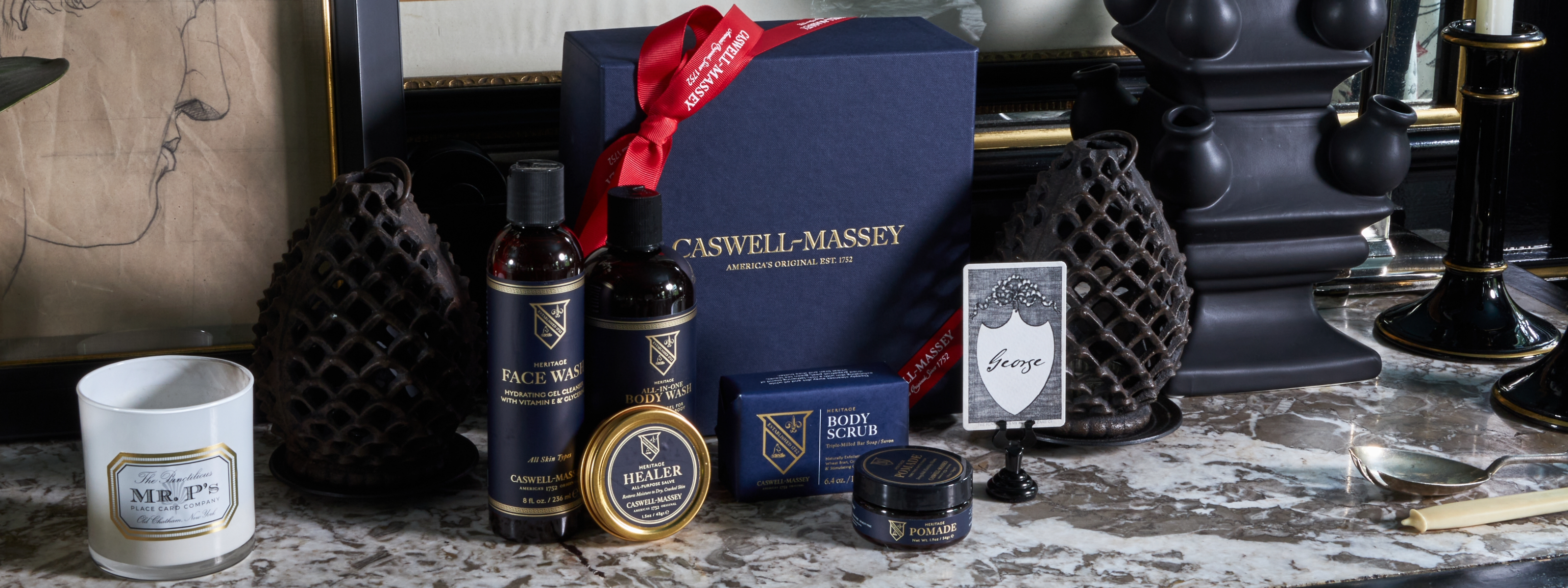 Caswell-Massey Men's Premium Heritage Grooming Gift Set: Face Wash, All-in-One Body Wash, Healer Hand Salve, Body Scrub Bar Soap, and Fiber Hair Pomade