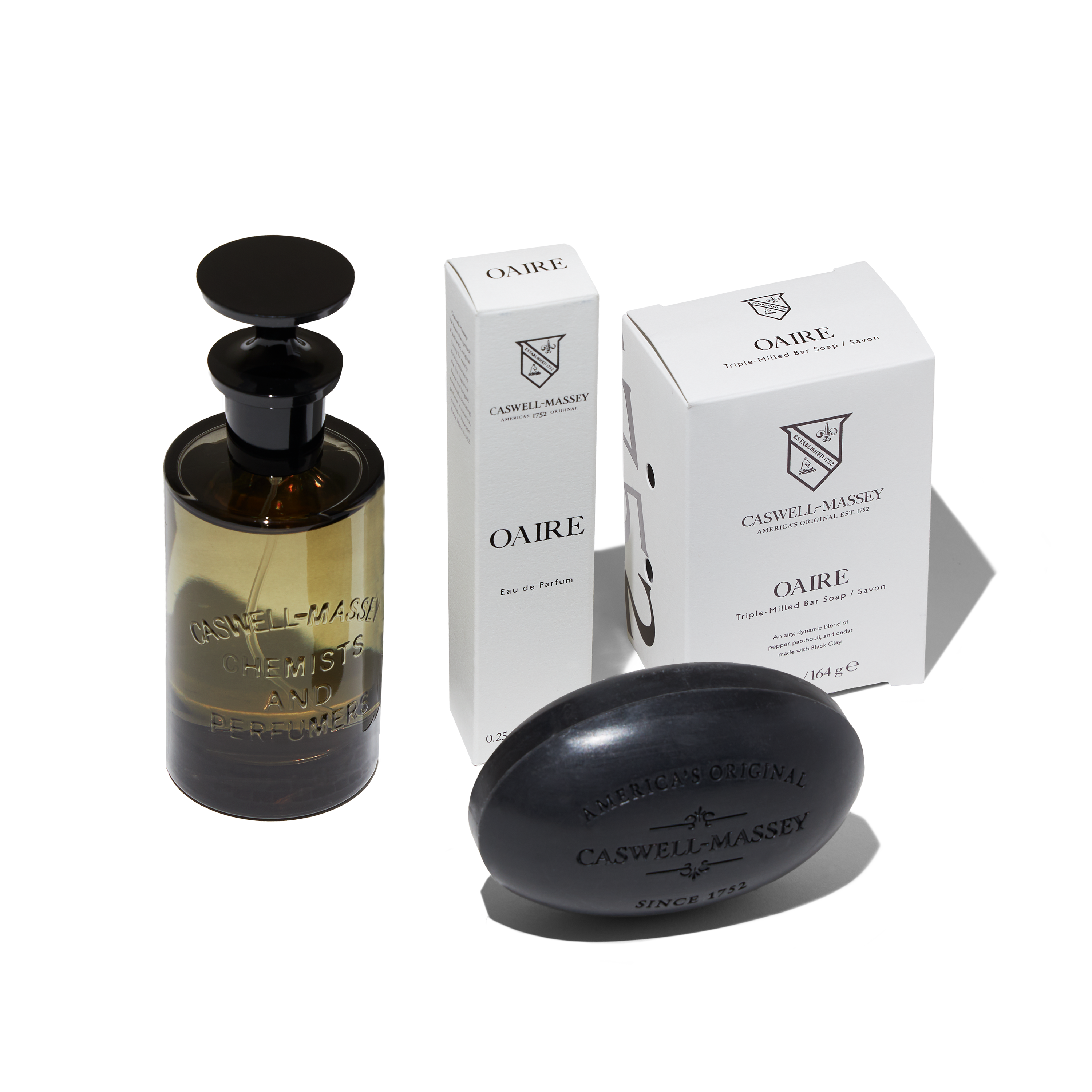 Caswell-Massey OAIRE Eau de Parfum, 100mL; OAIRE Eau de Parfum, 7.5mL; and OAIRE Bar Soap