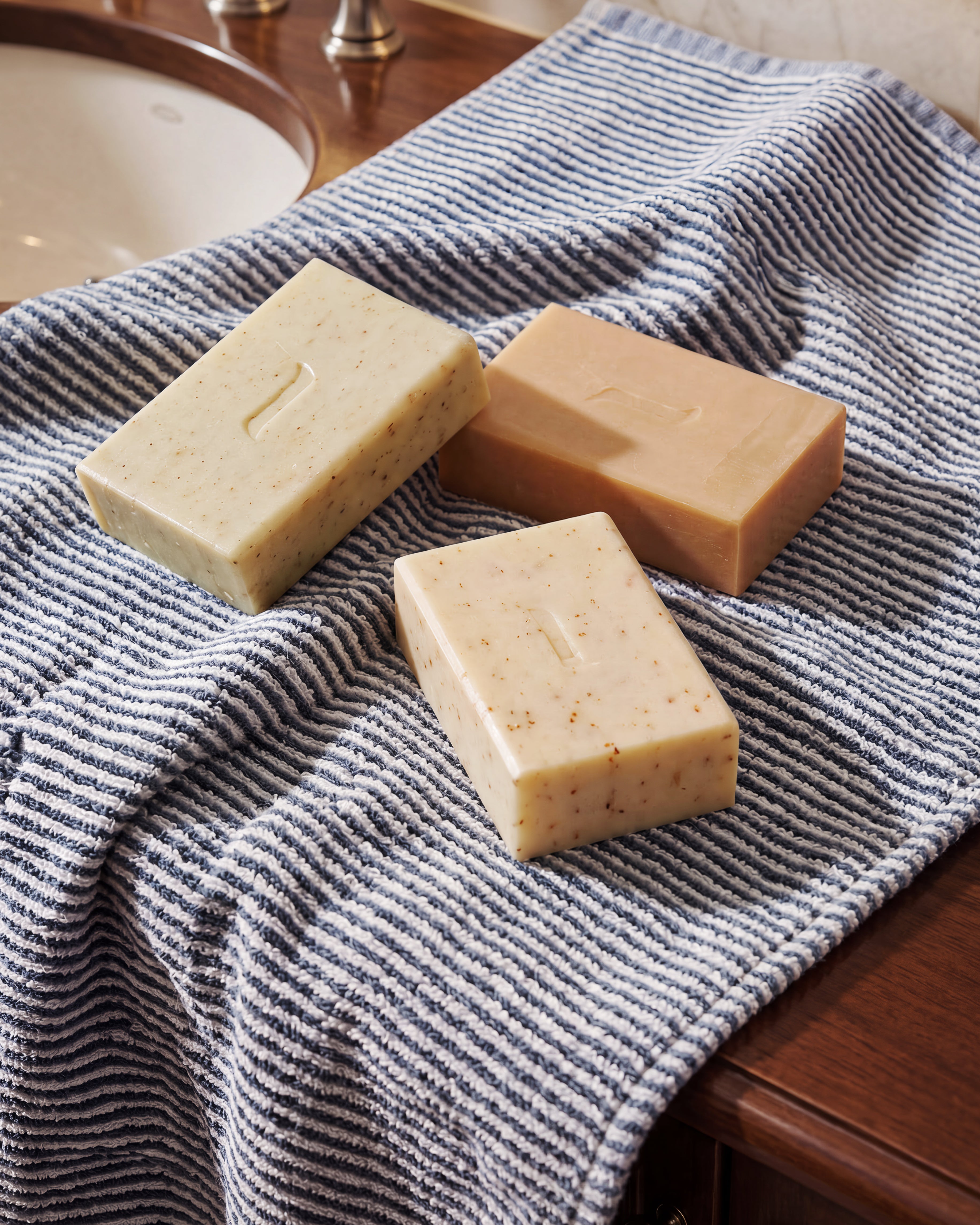 Caswell-Massey's 6.40z bar soaps shown on a navy blue striped towel. Includes the Body Scrub, Patchouli & Pine, and Oatmeal Bar Soaps.
