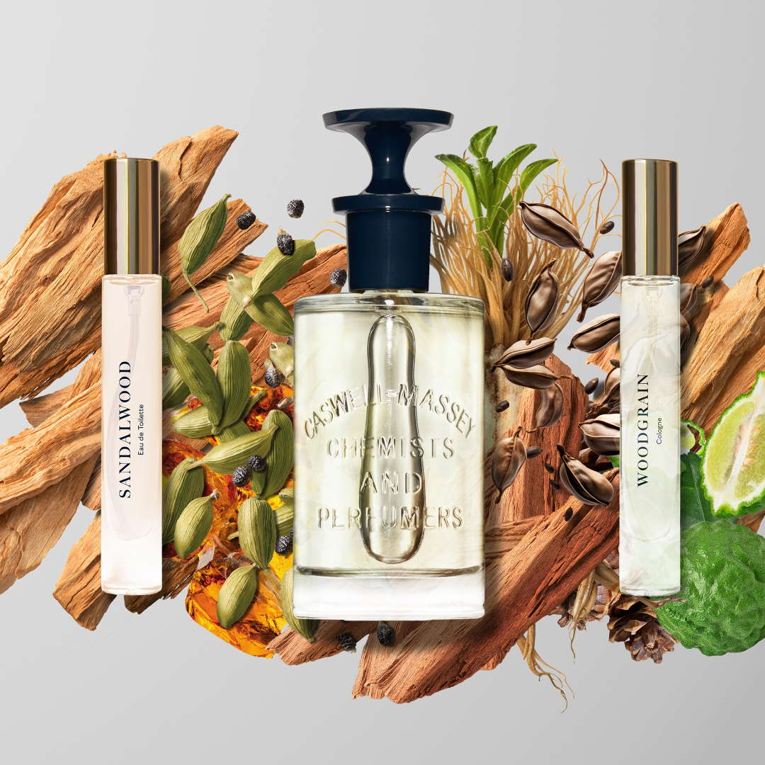 The Sandalwood Library of Fragrances from Caswell-Massey: 2571 Eau de Parfum, Woodgrain Sandalwood Cologne, and Sandalwood Eau de Toilette