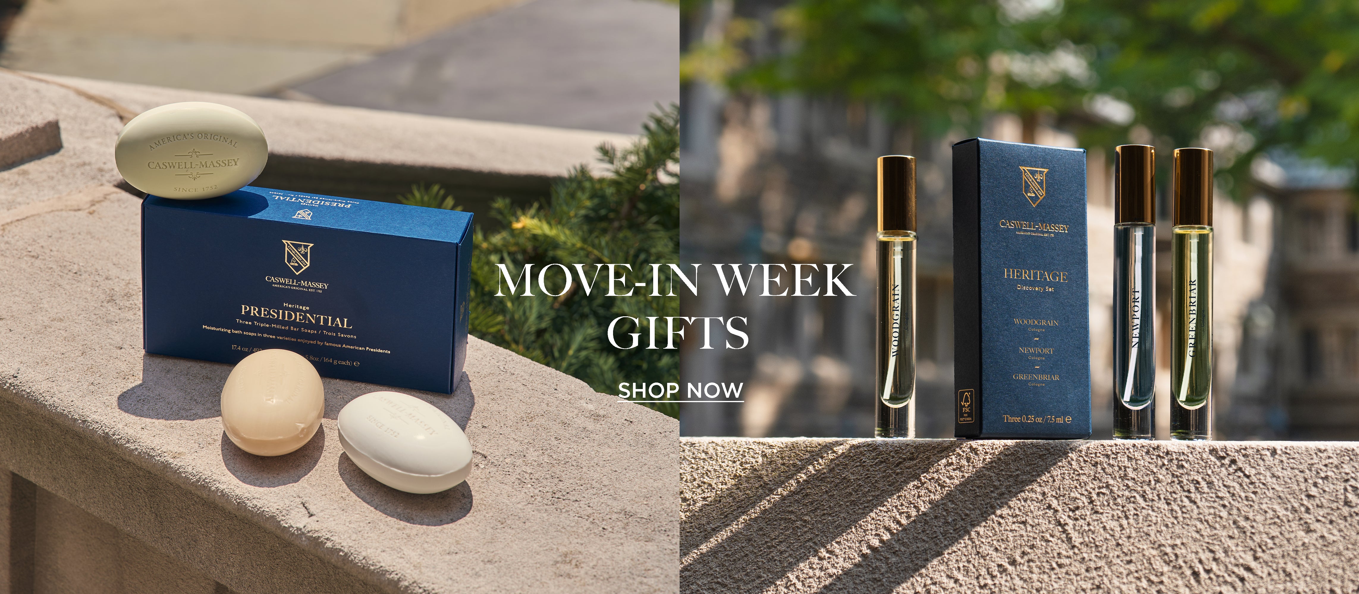 Caswell-Massey Move-In Week Gifts: Shop Now. Image shows Presidential Soap Set and Cologne Discovery Set.