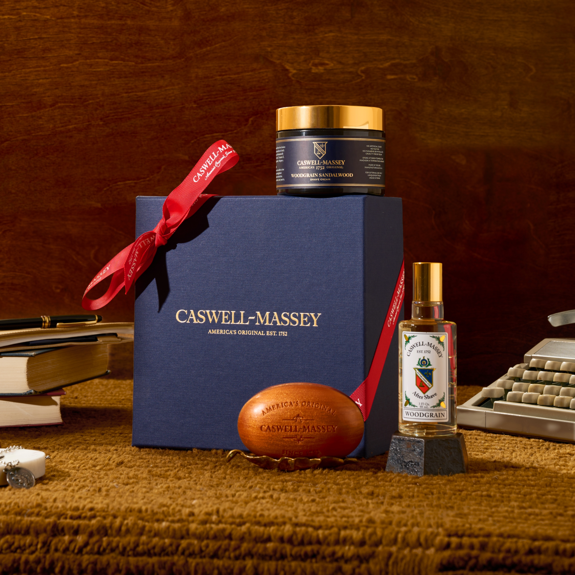 Caswell-Massey Woodgrain Sandalwood Shave Set: includes Woodgrain Sandalwood Shave Cream, Woodgrain Sandalwood Bar Soap, and Woodgrain Sandalwood Aftershave