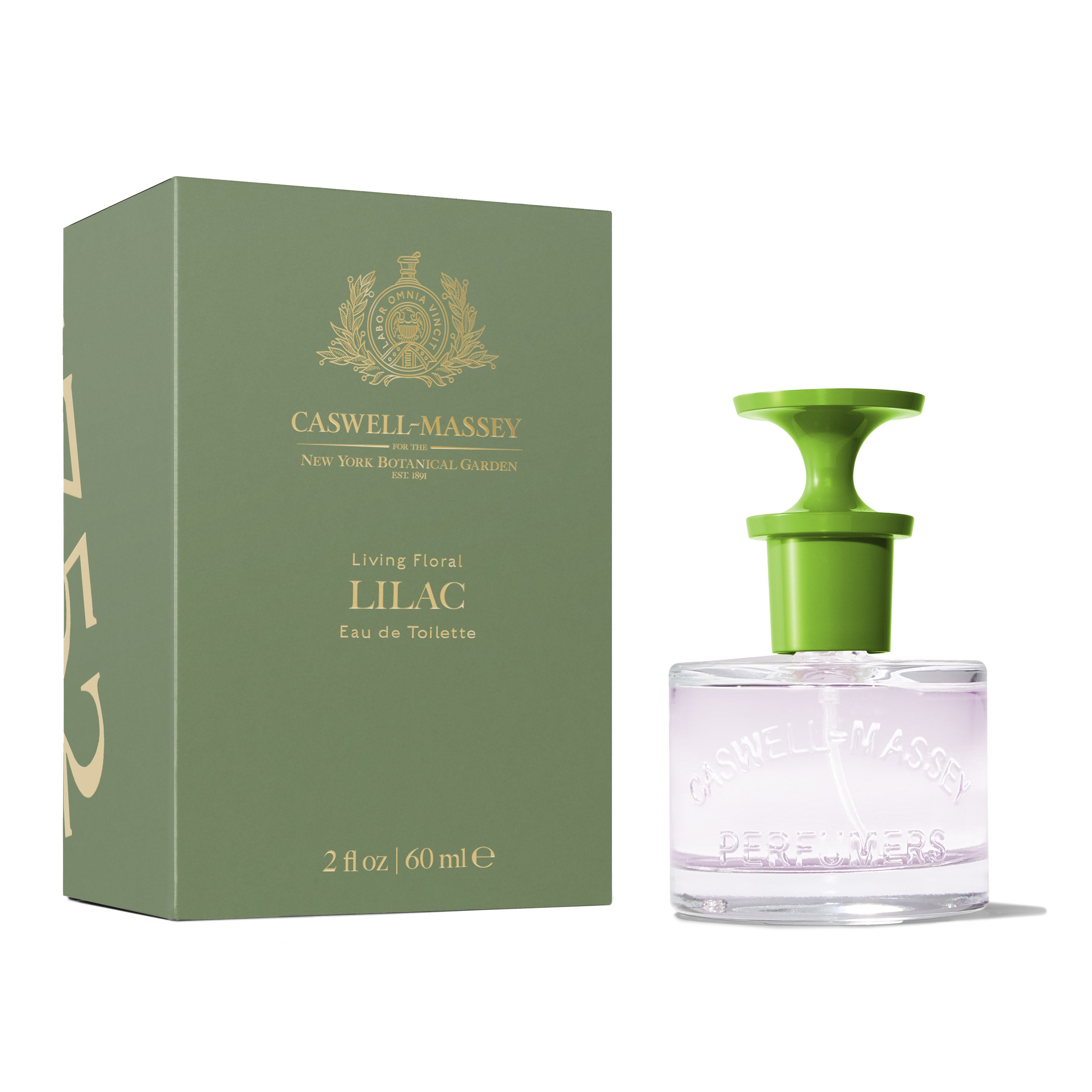 Lilac Eau de Toilette, Fine Fragrance by Caswell-Massey, 60mL Full Size, shown with pale green box