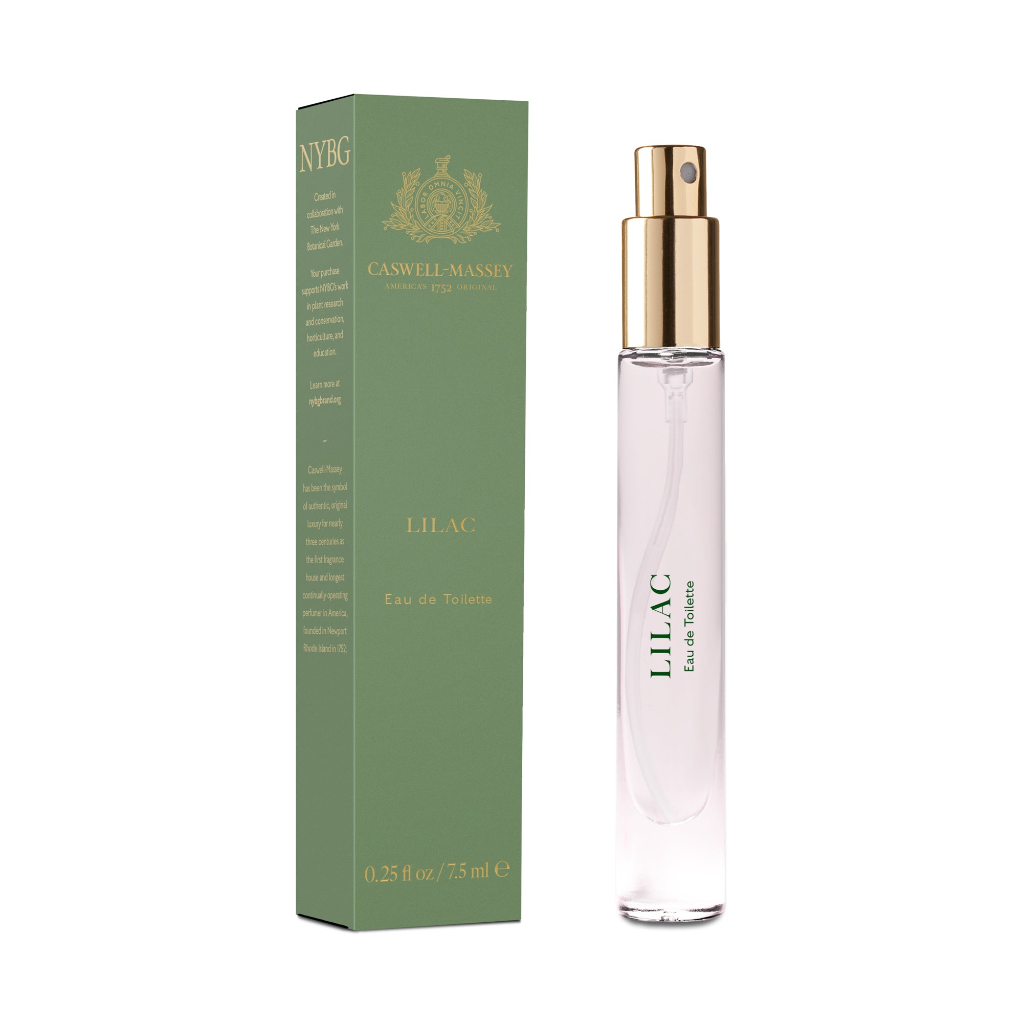 Lilac Eau de Toilette, Fine Fragrance by Caswell-Massey, 7.5mL Discovery Size, shown with pale green box