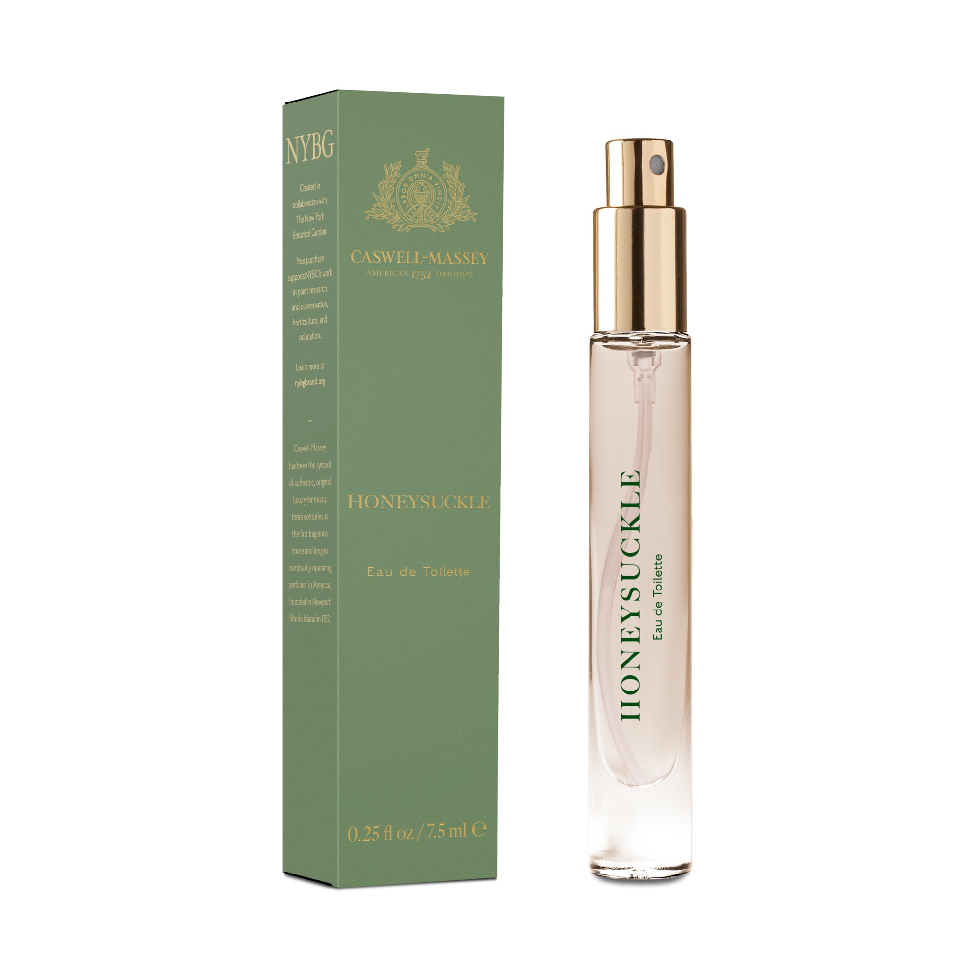 Honeysuckle EDT by Caswell-Massey 7.5mL travel discovery size, shown with pale green box
