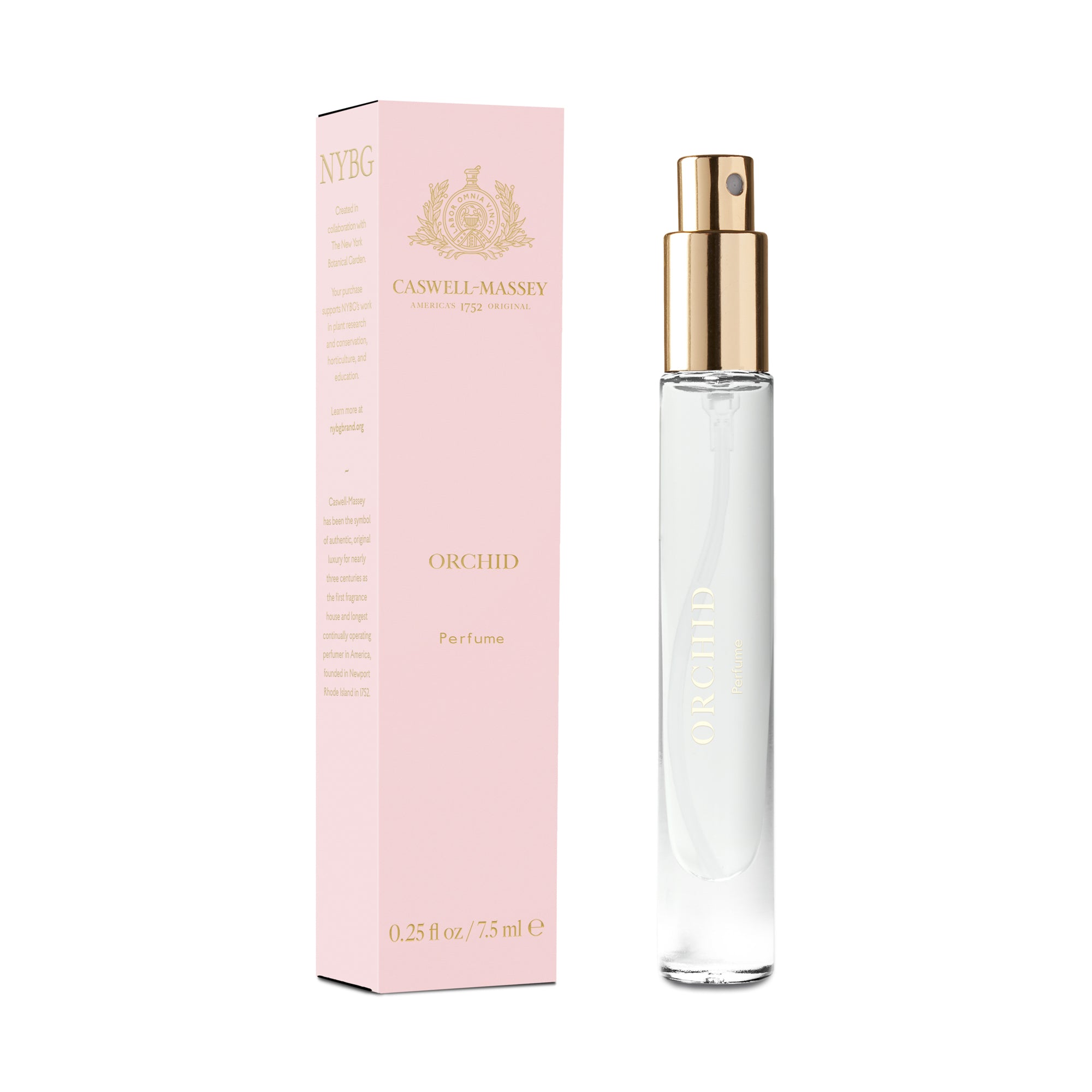 Orchid EDP by Caswell-Massey 7.5mL Discovery SizeOrchid Perfume 7.5ml, Fine Fragrance by Caswell-Massey, travel size shown with pink box