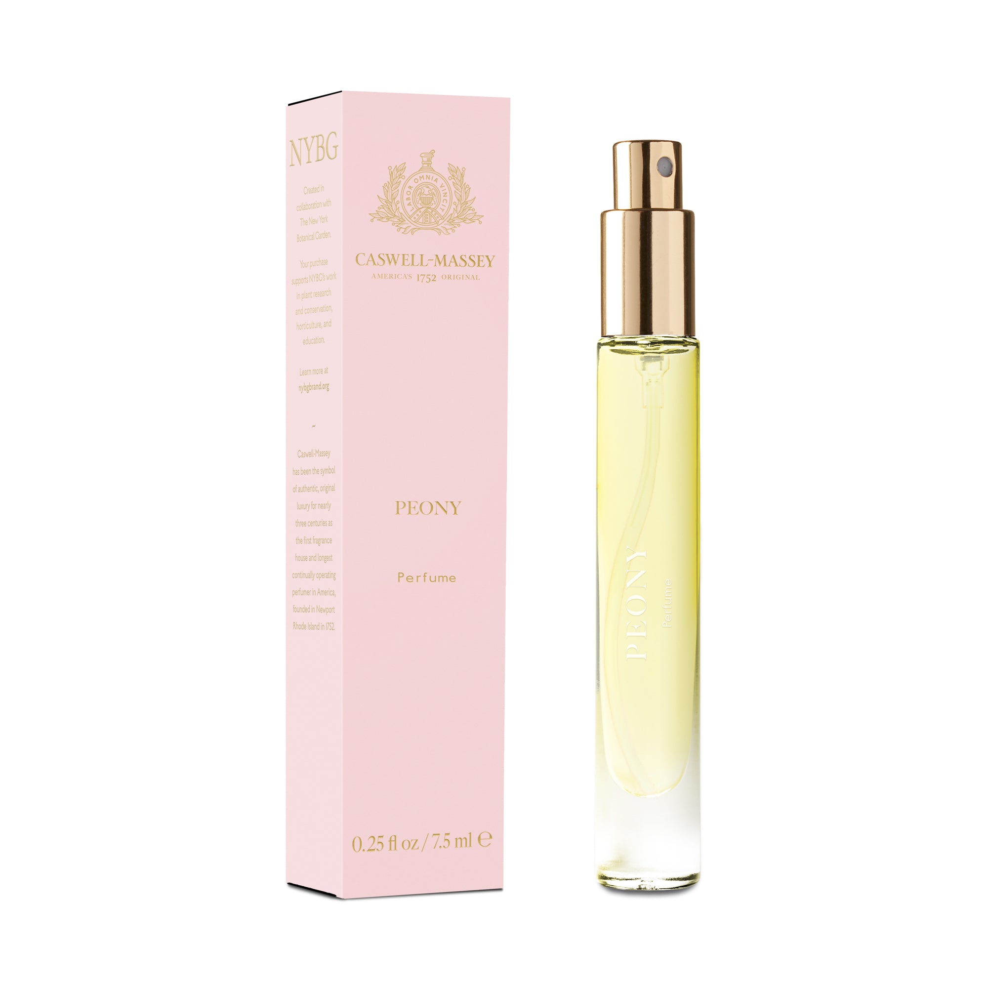 Peony Eau de Parfum, Fine Fragrance by Caswell-Massey 7.5mL Discovery Size, shown next to soft pink box
