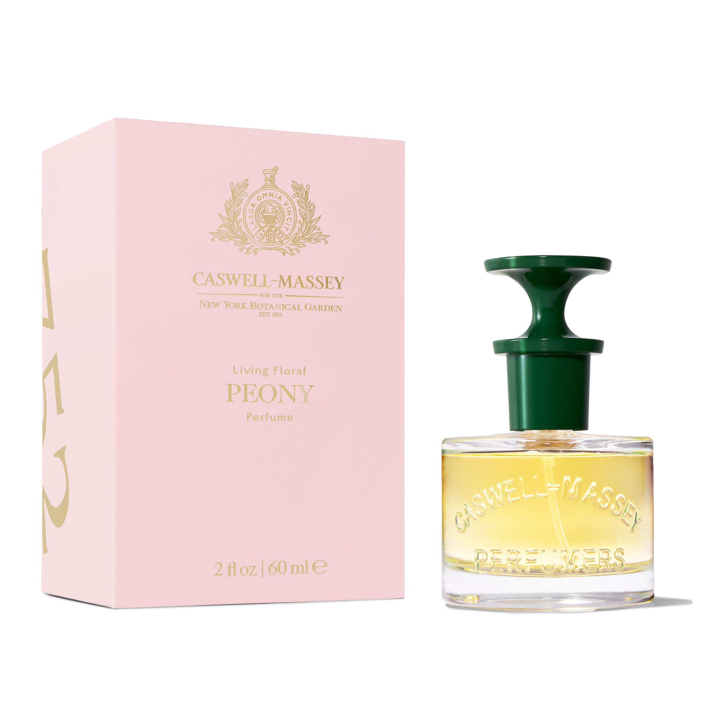 Peony Eau de Parfum, Fine Fragrance by Caswell-Massey 60mL Full Size, shown next to soft pink box