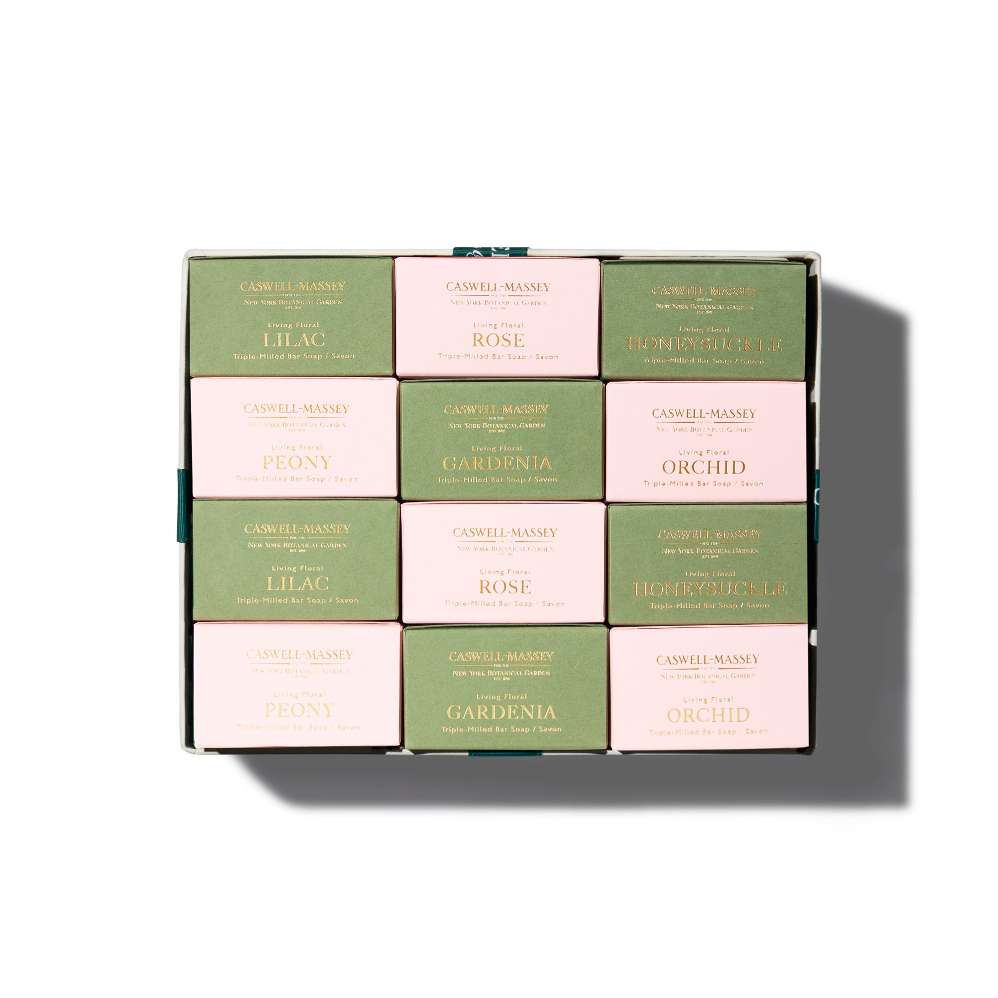 Designer Floral Twelve Bar Soap Set with six different NYBG scented florals soaps by Caswell-Massey