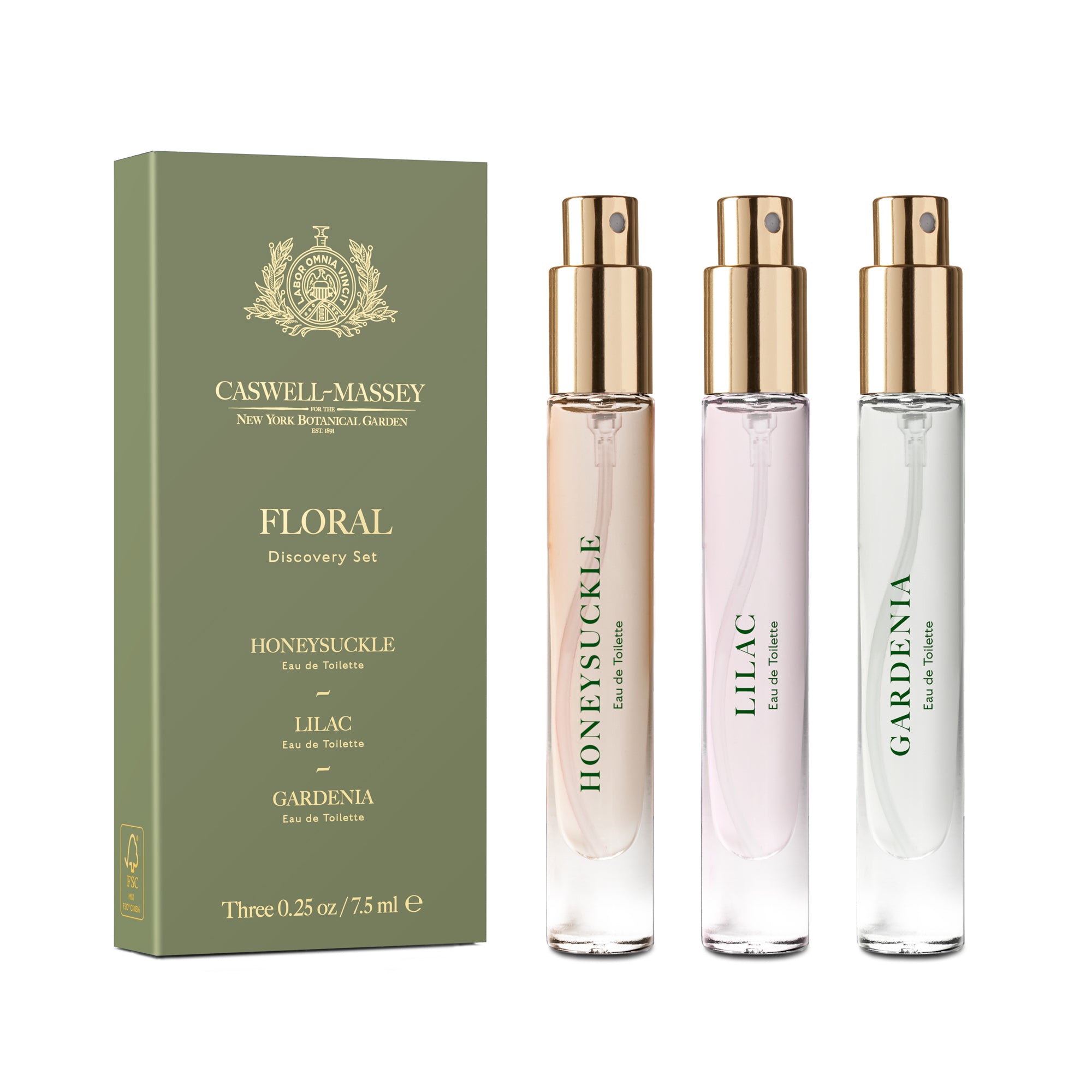 Caswell-Massey Floral Trio Discovery Set: Gardenia, Lilac, and Honeysuckle Eau de Toilettes, Fine Fragrance for Women, 3 7.5ml Discovery-Size Fragrances