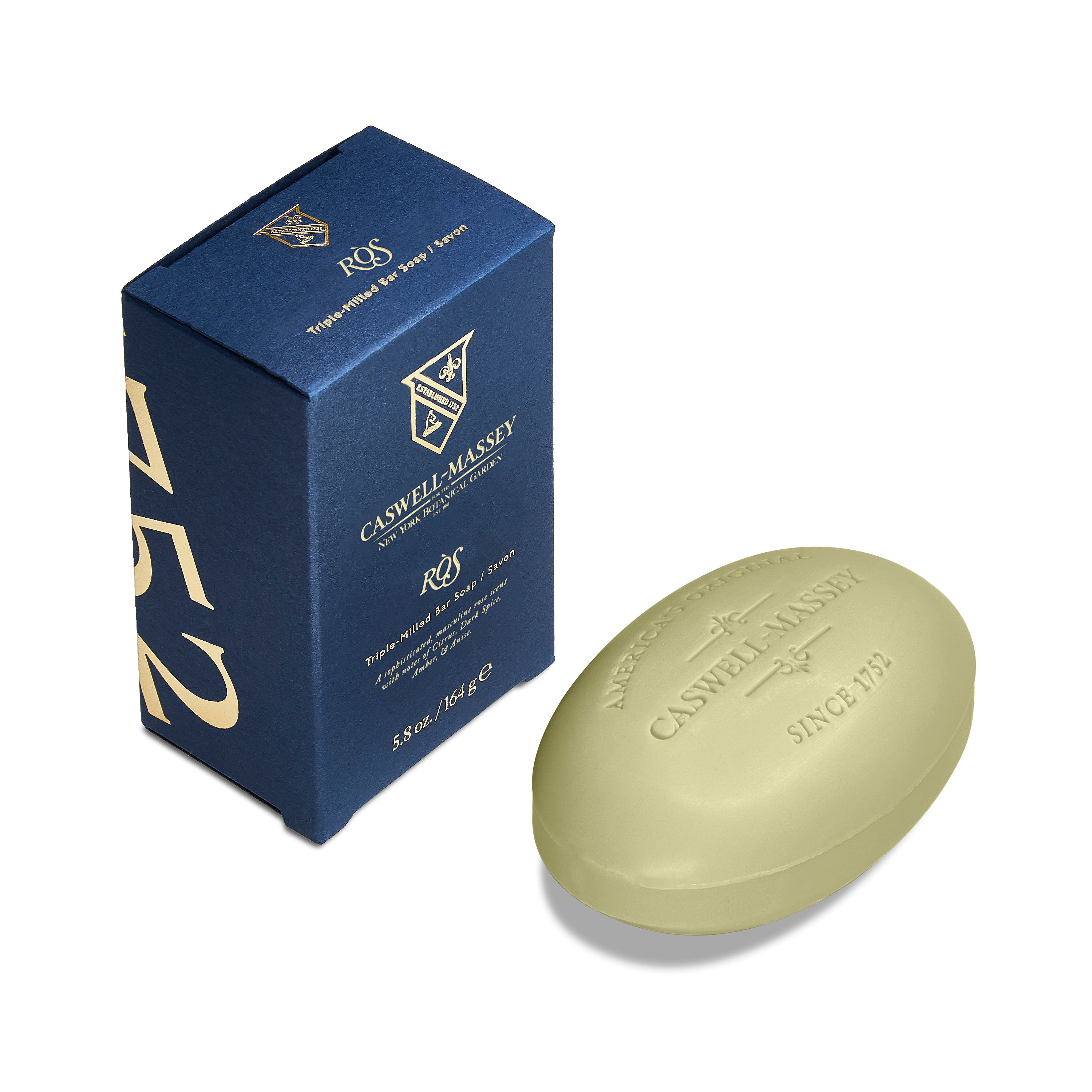 Caswell-Massey RÒS Bar Soap, green bar soap shown with navy blue box