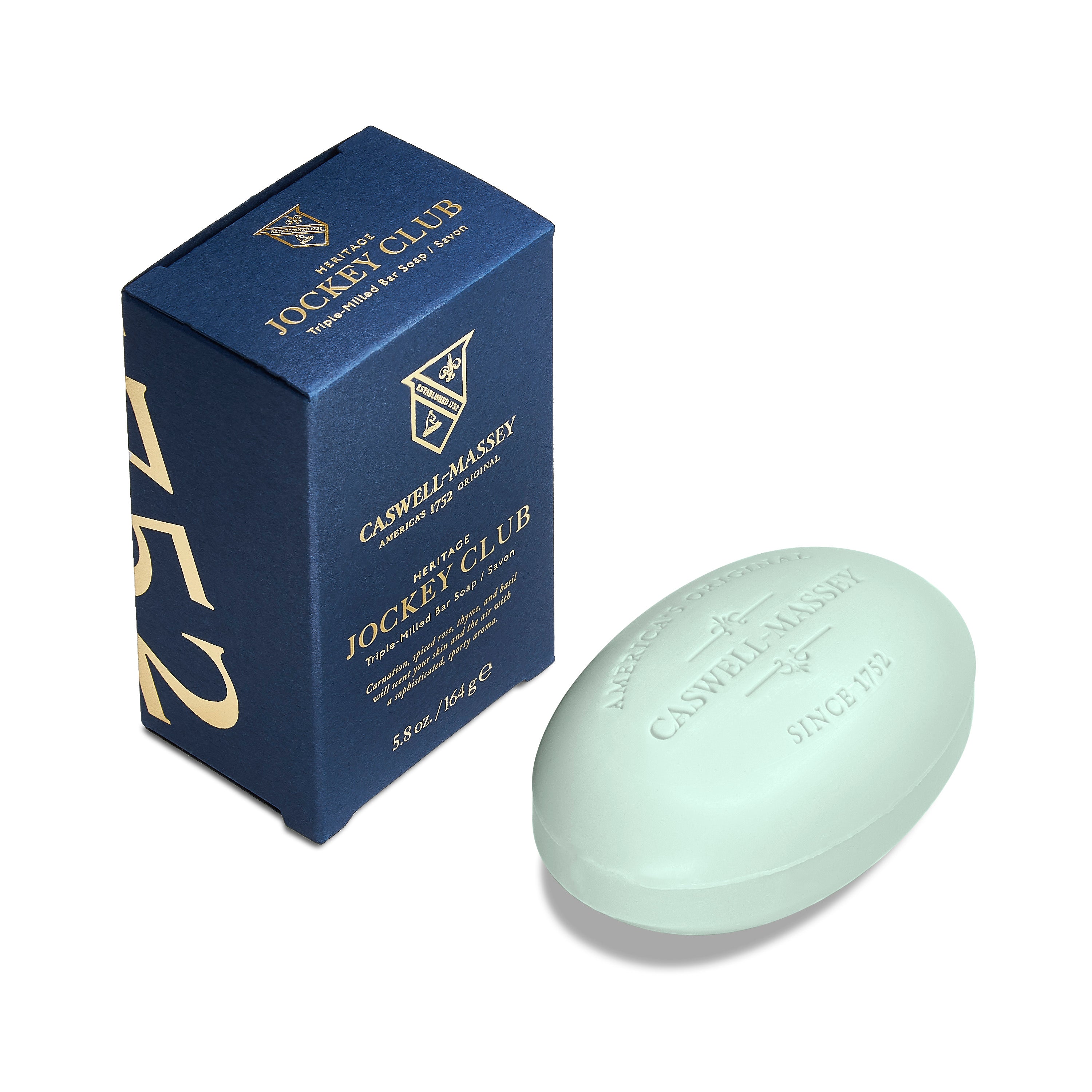 Caswell-Massey® Heritage Jockey Club Bar Soap shown with navy blue box