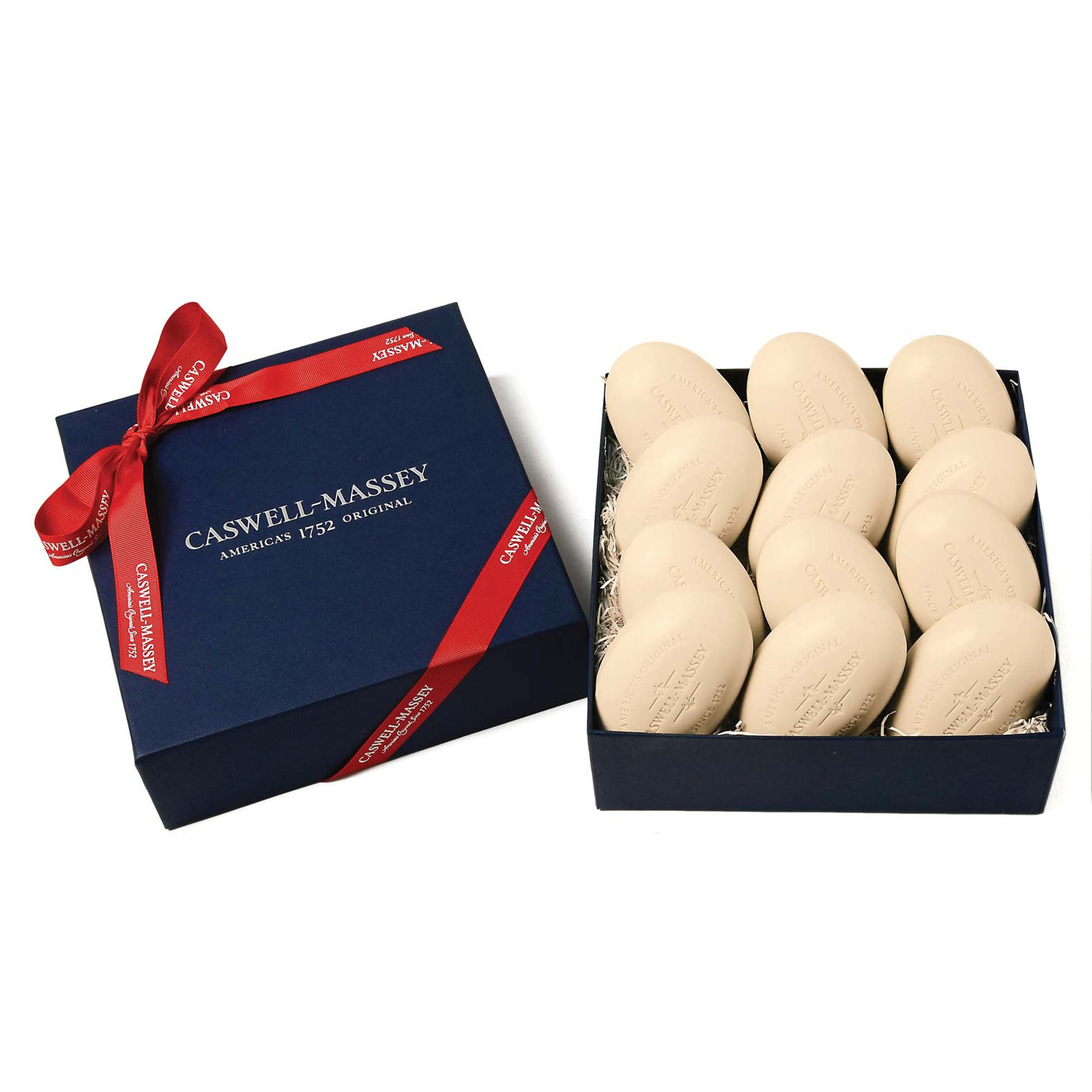 Caswell-Massey® Heritage Number Six Year of Soap Gift Set: 12 bars of Number Six Soap presented in navy blue gift box with red ribbon