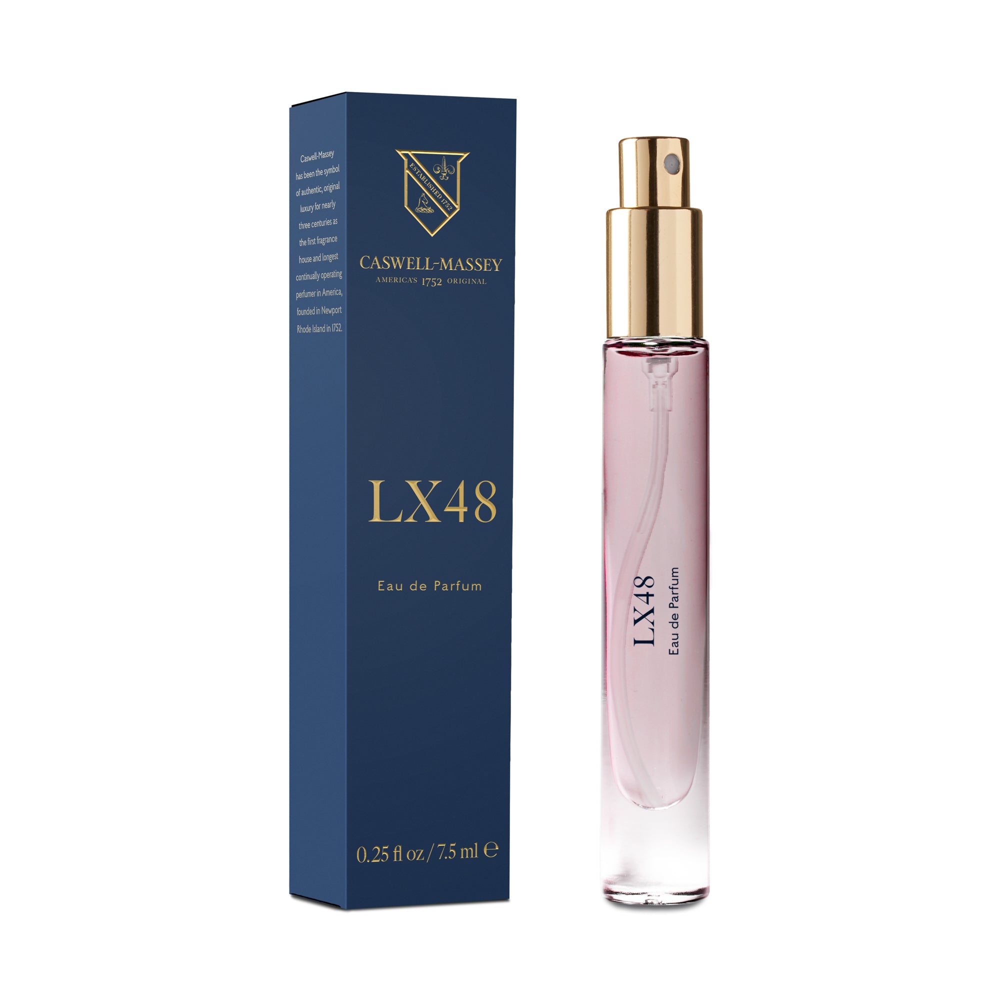 LX48 Eau de Parfum, Fine Fragrance by Caswell-Massey 7.5mL Discovery Size, shown with navy blue box