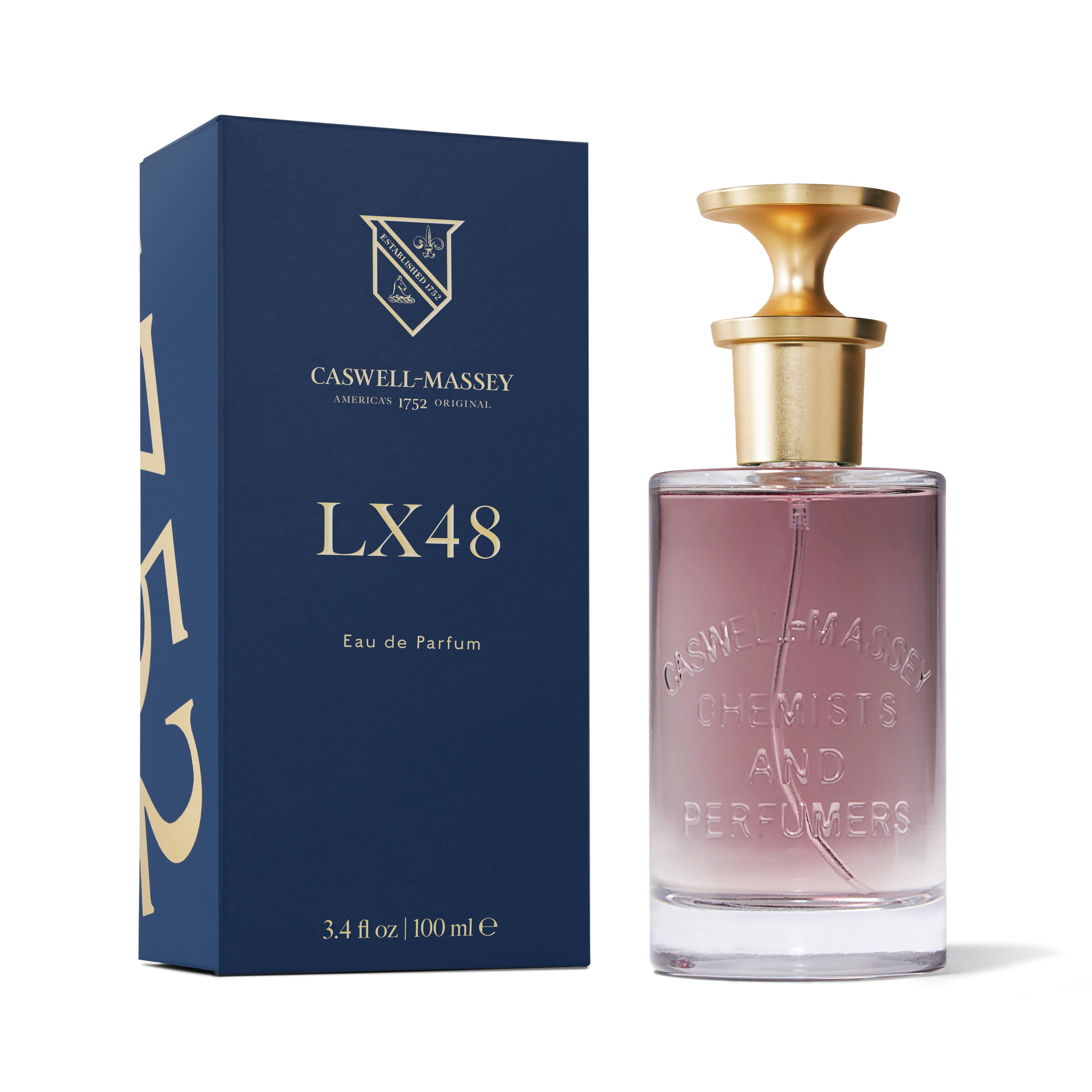 LX48 Eau de Parfum, Fine Fragrance by Caswell-Massey 100mL Full Size, shown with navy blue box