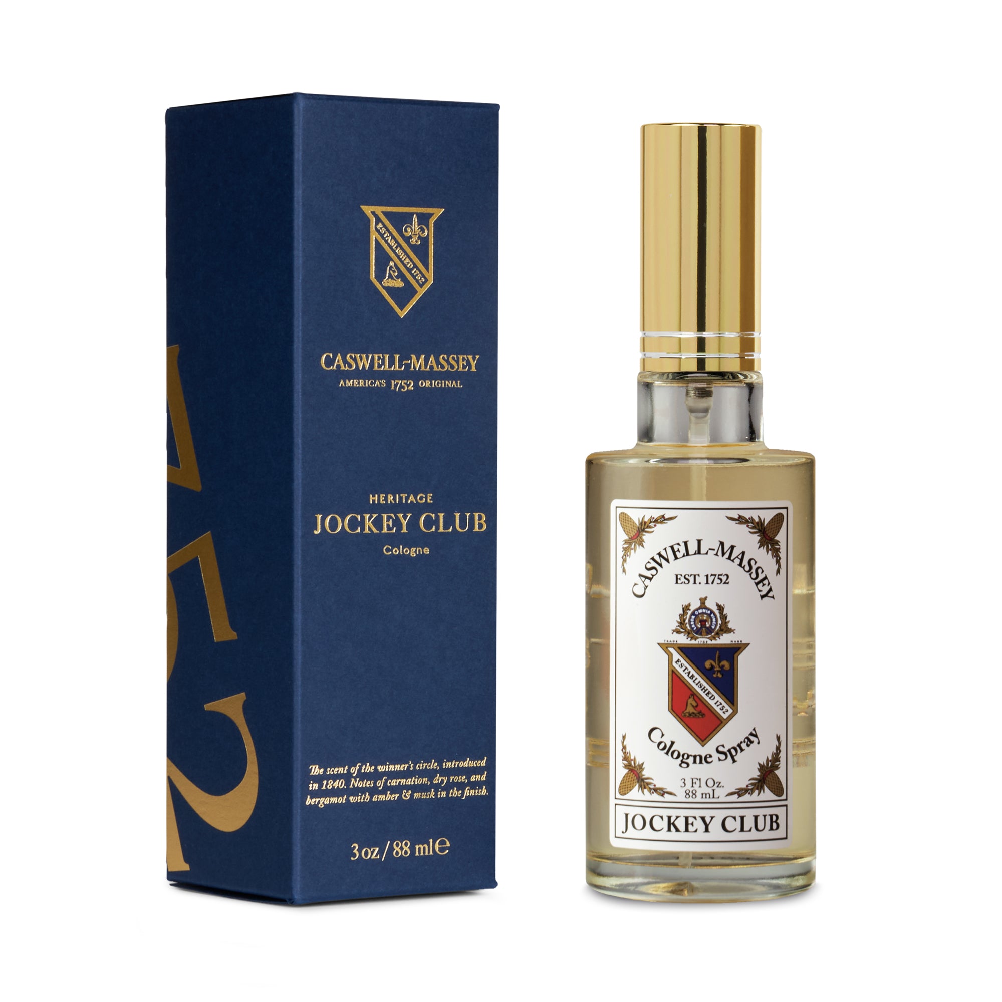 Caswell-Massey® Gold Cap Jockey Club | 88ml Cologne, shown with navy blue box