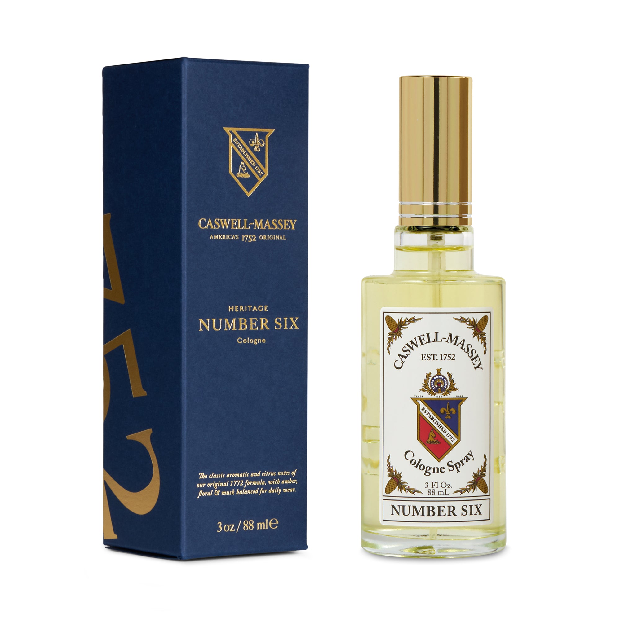 Caswell-Massey Number Six Cologne, 88ml, shown with navy blue box