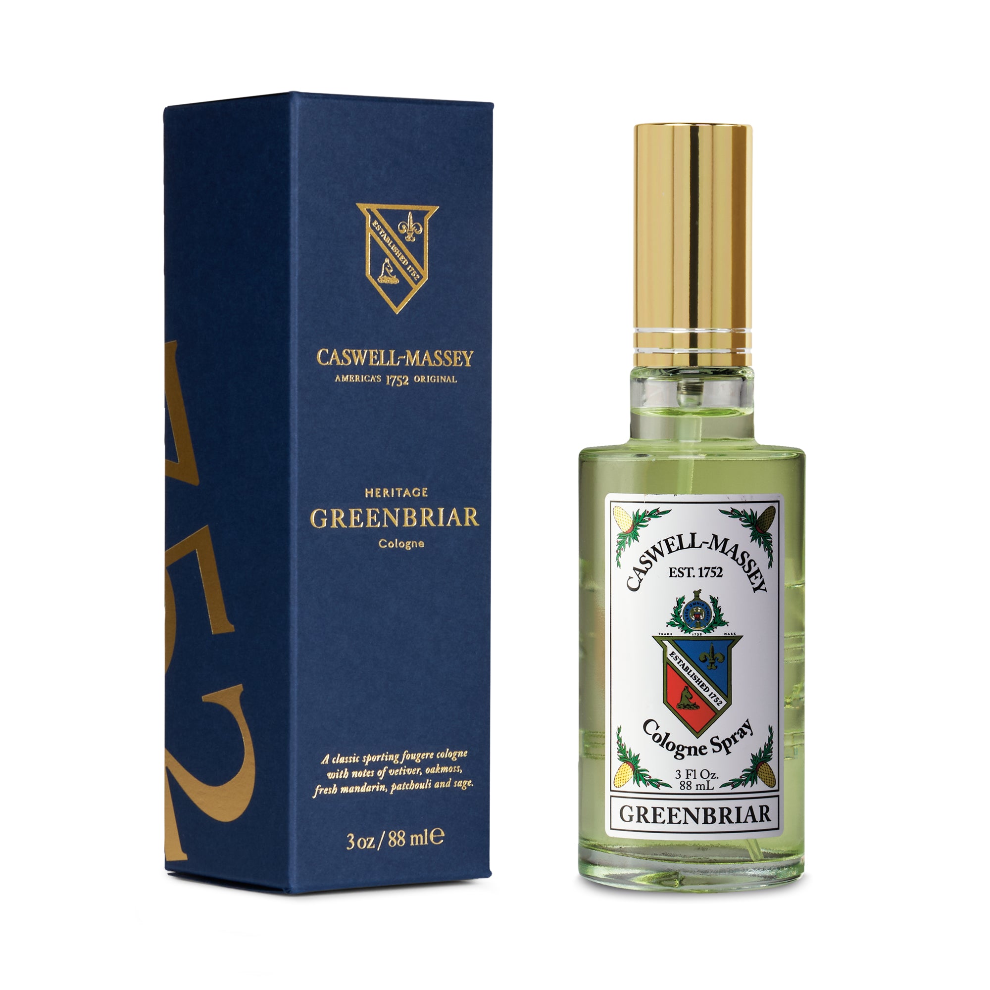 Caswell-Massey® Gold Cap Greenbriar | 88ml Cologne, shown with navy blue box