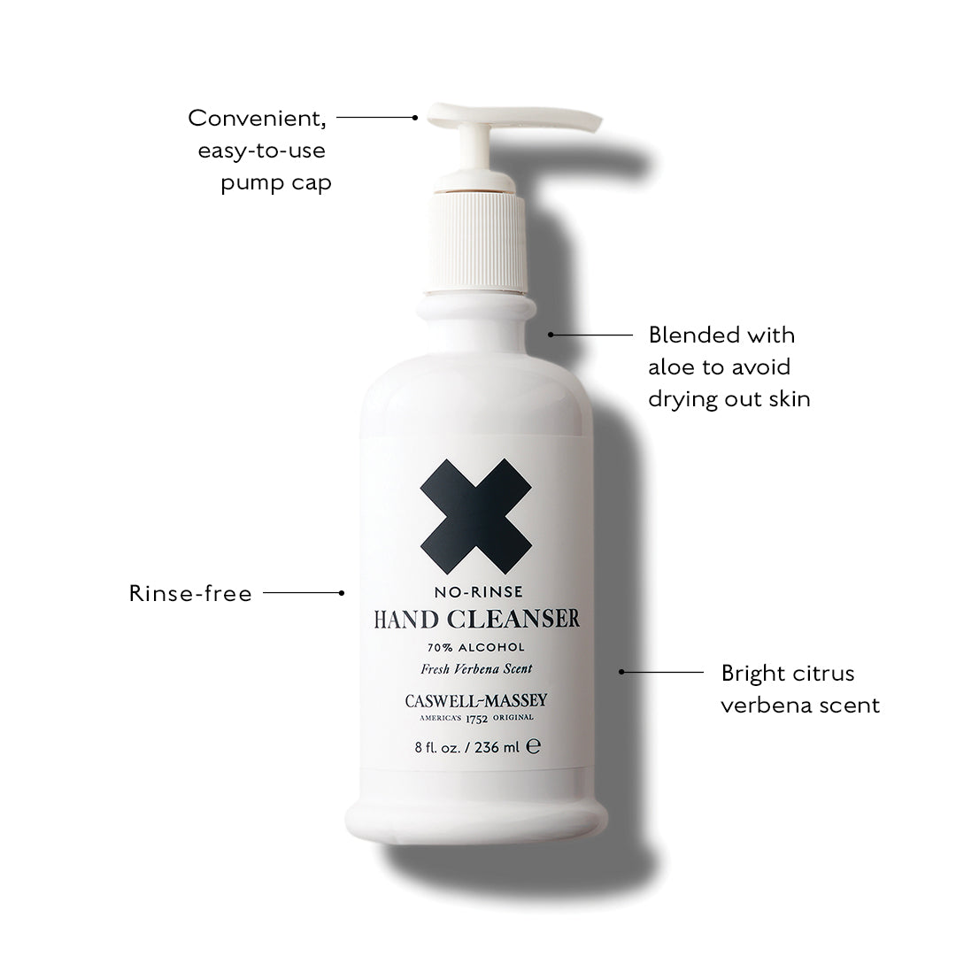 Caswell-Massey No-Rinse Verbena Hand Cleanser, infographic showing it's rinse-free, pump top, aloe for deep moisture, and bright citrus scent