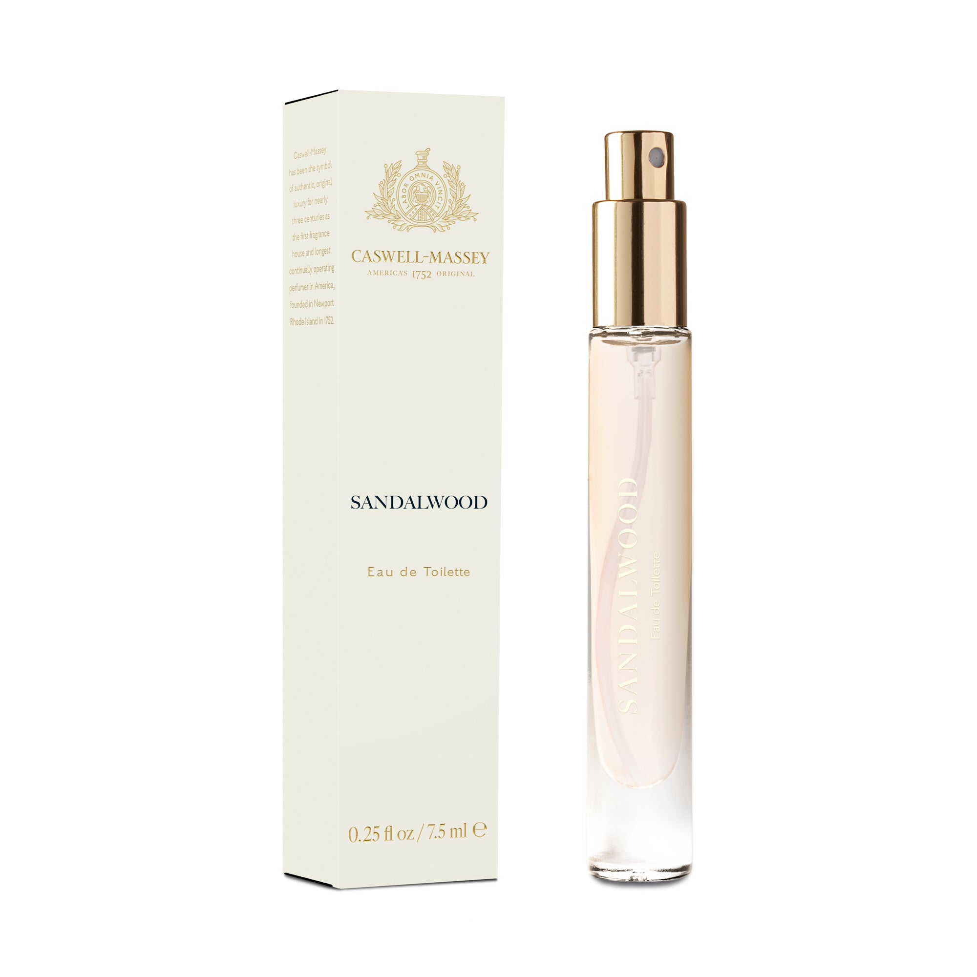 Caswell-Massey Sandalwood Eau de Toilette, Fine Fragrance, 7.5mL Discovery Size, shown next to cream box