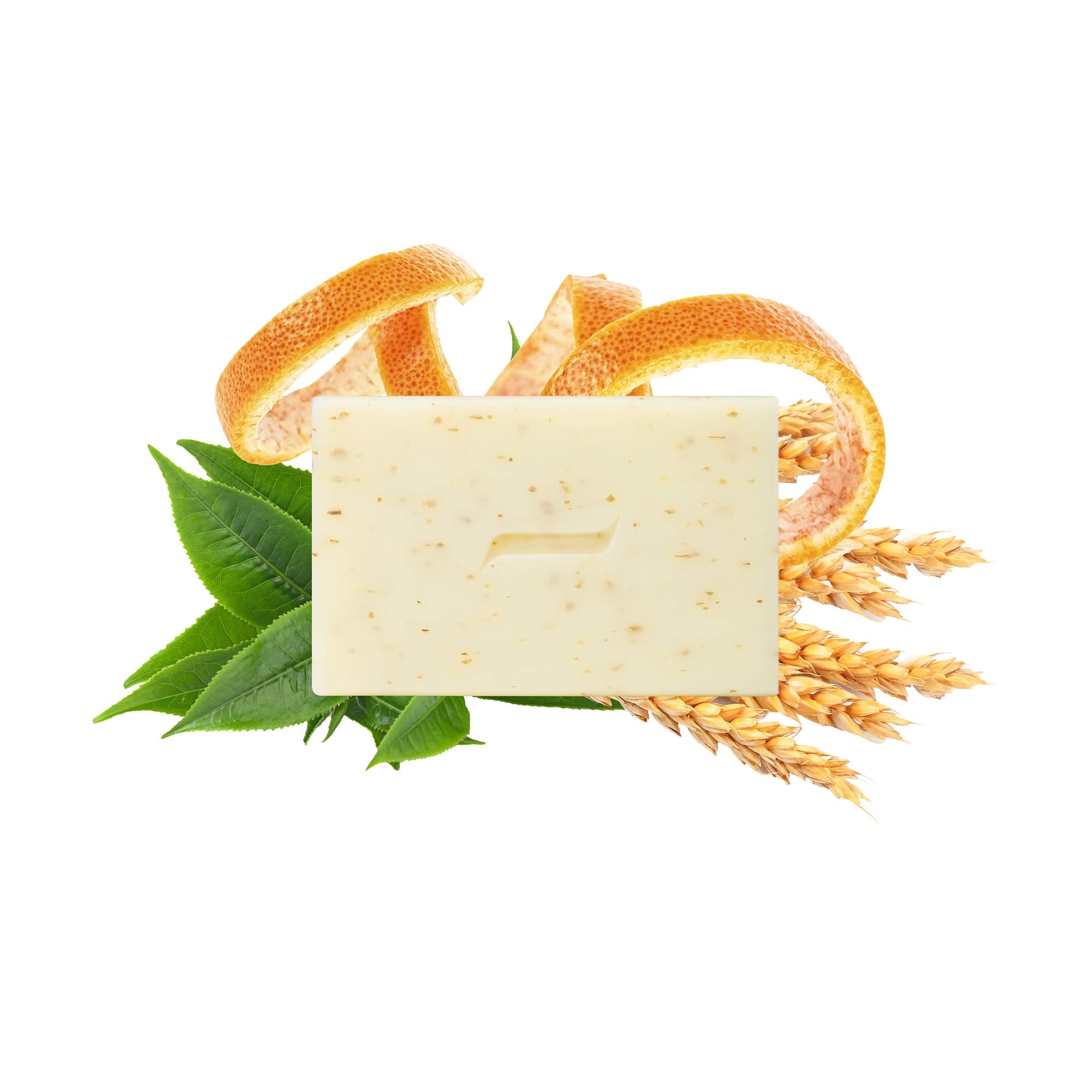 Caswell-Massey® Heritage Scrub Bar: Image showing ingredients including orange peel and wheat brain used as natural exfoliants