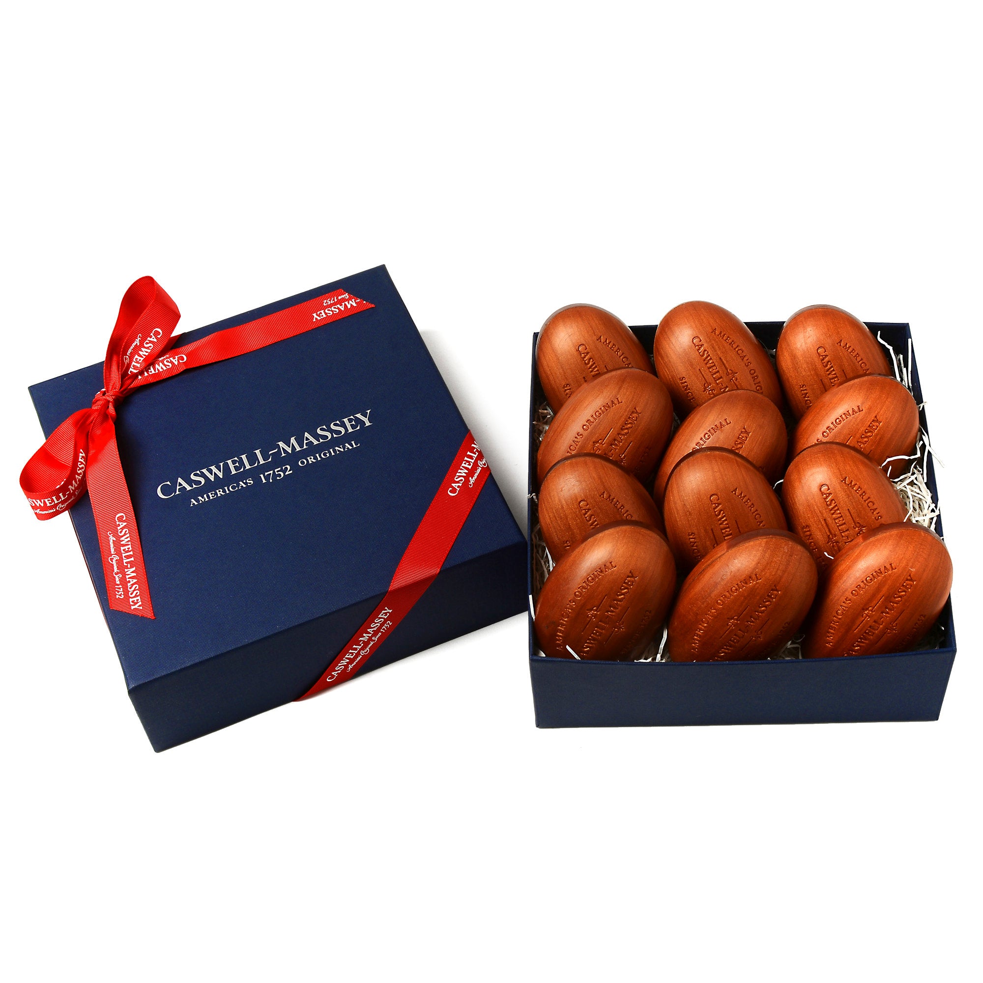 Caswell-Massey® Heritage Woodgrain Sandalwood Year of Soap Set with navy blue gift box with red ribbon