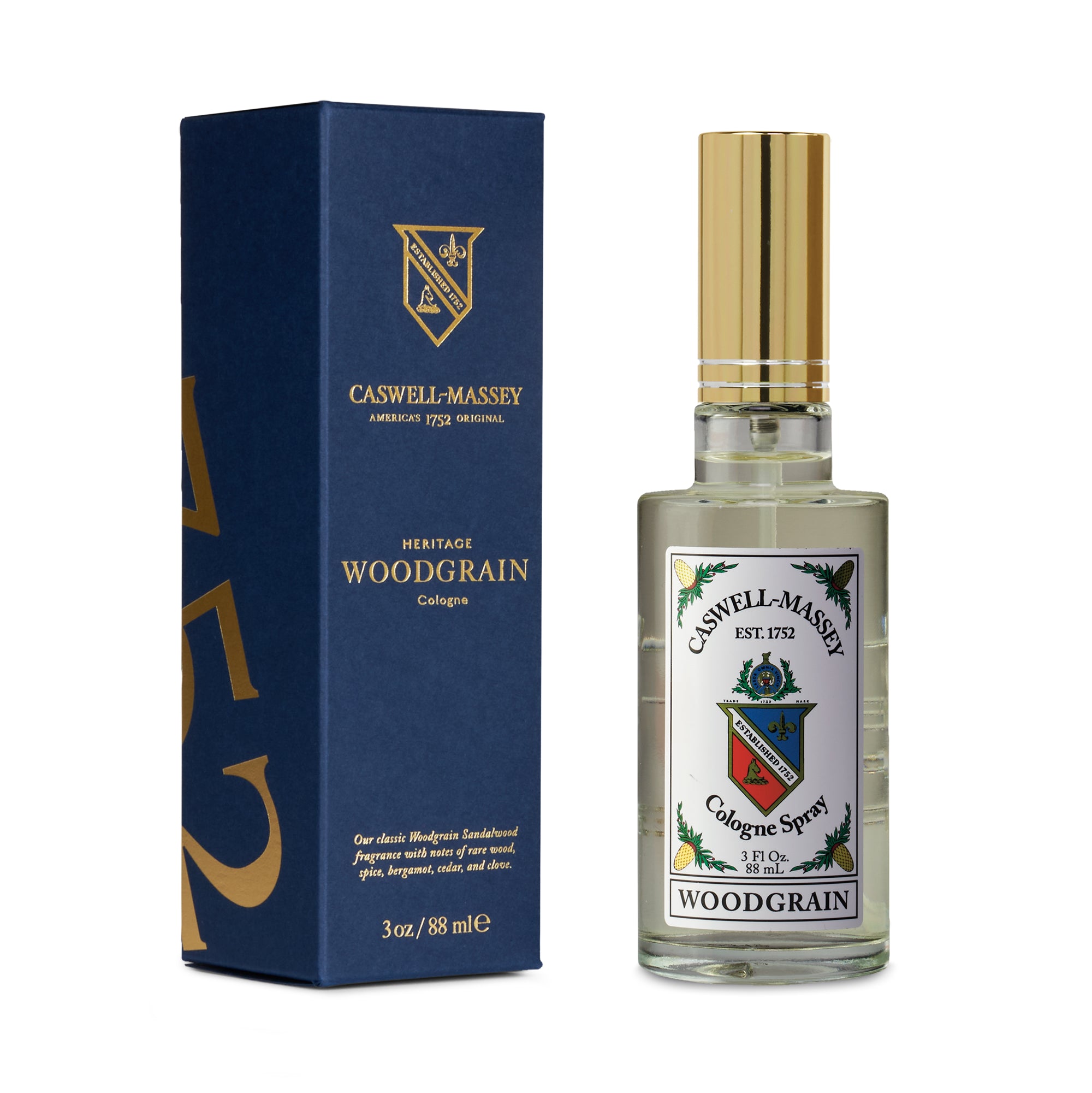 Caswell-Massey® Woodgrain Sandalwood | 88ml Cologne, shown with navy blue box