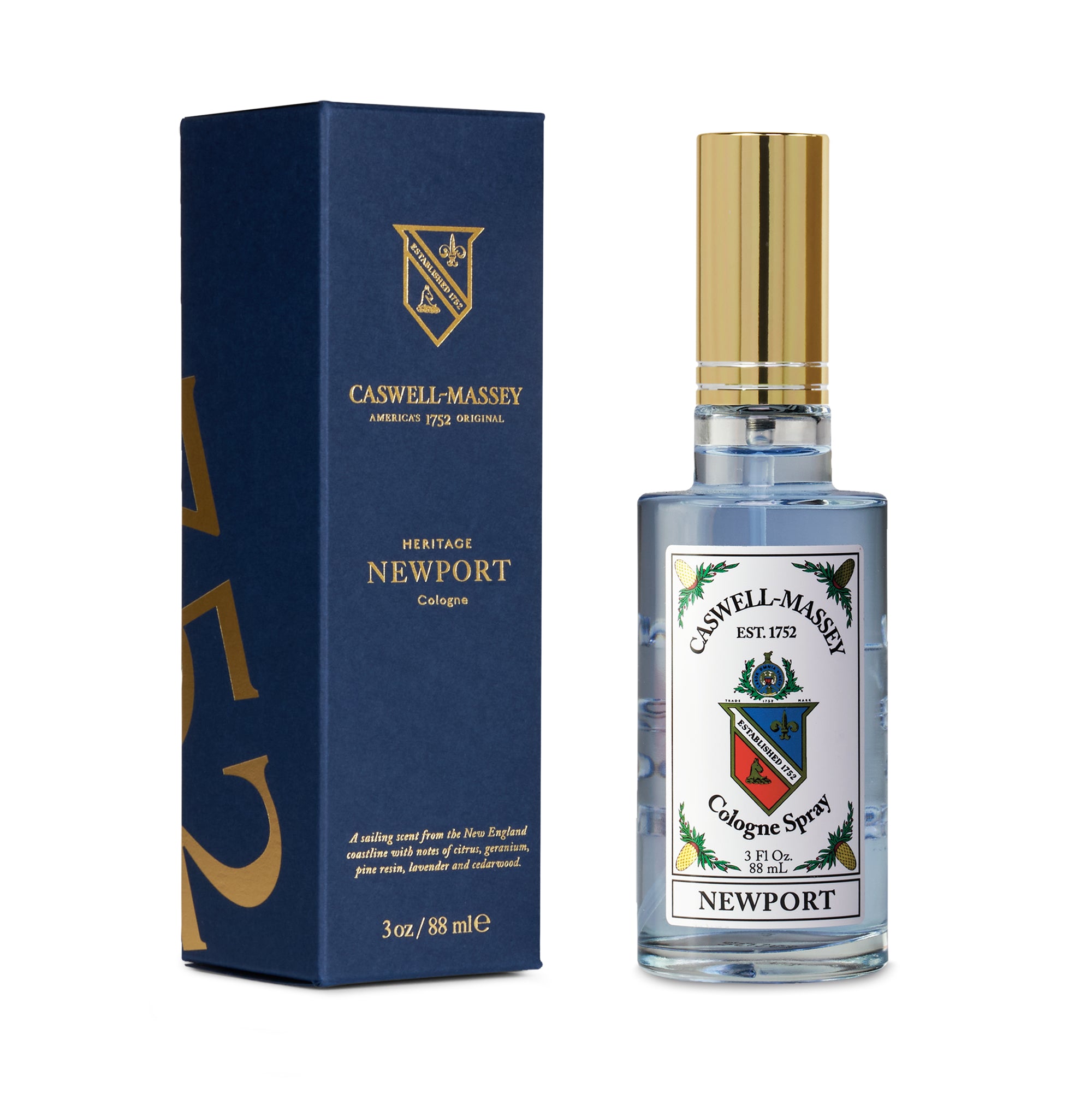 Caswell-Massey® Gold Cap Newport | 88ml Cologne, shown with navy blue box