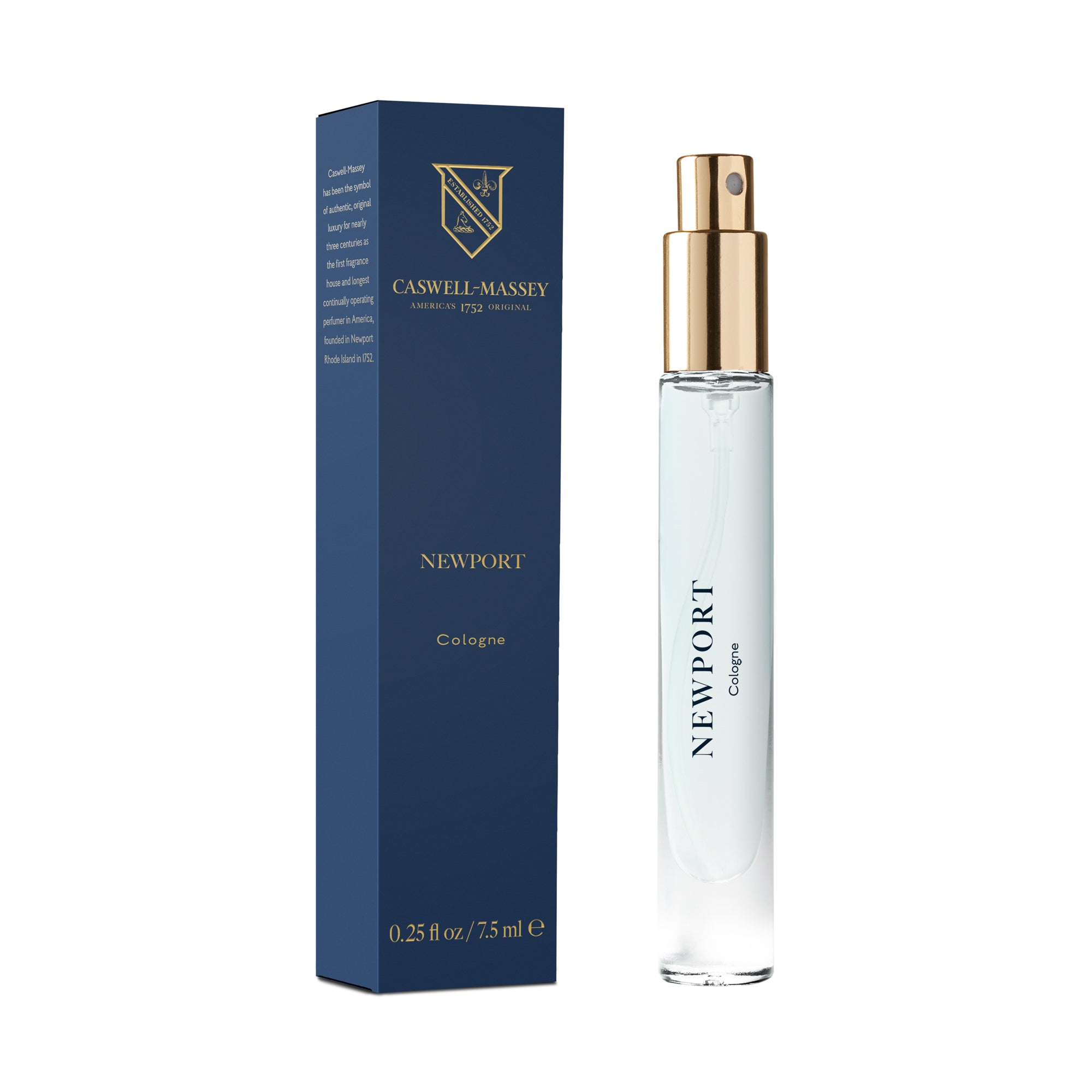 Caswell-Massey® Gold Cap Newport | 7.5ml Discovery Cologne, shown with navy blue box